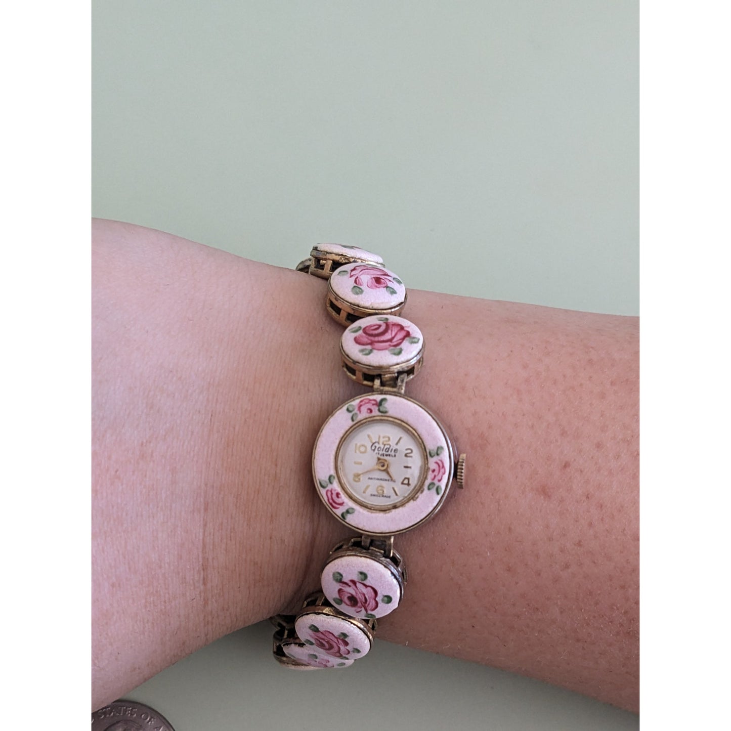 Vintage Goldie Hand Painted Enamel Pink Flowers Manual Watch