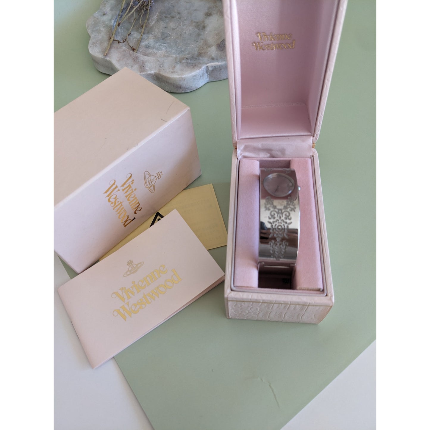 Preowned Vivienne Westwood Silver Tone Bangle Watch with Etchings