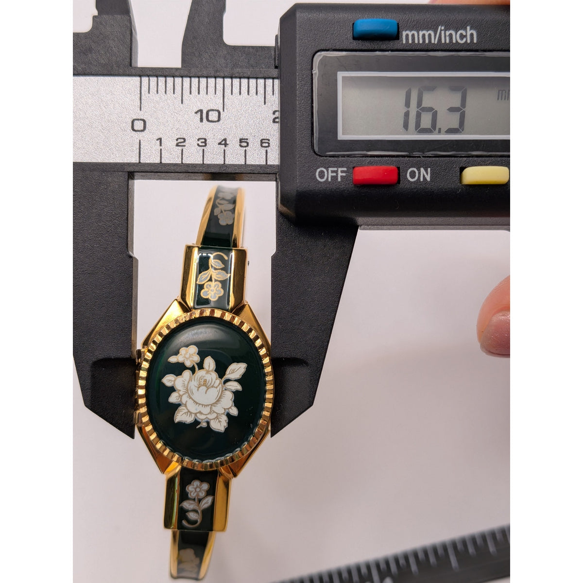 Vintage Andre Mouche Gold Tone Peekaboo Watch Dark Green Enamel White Flowers