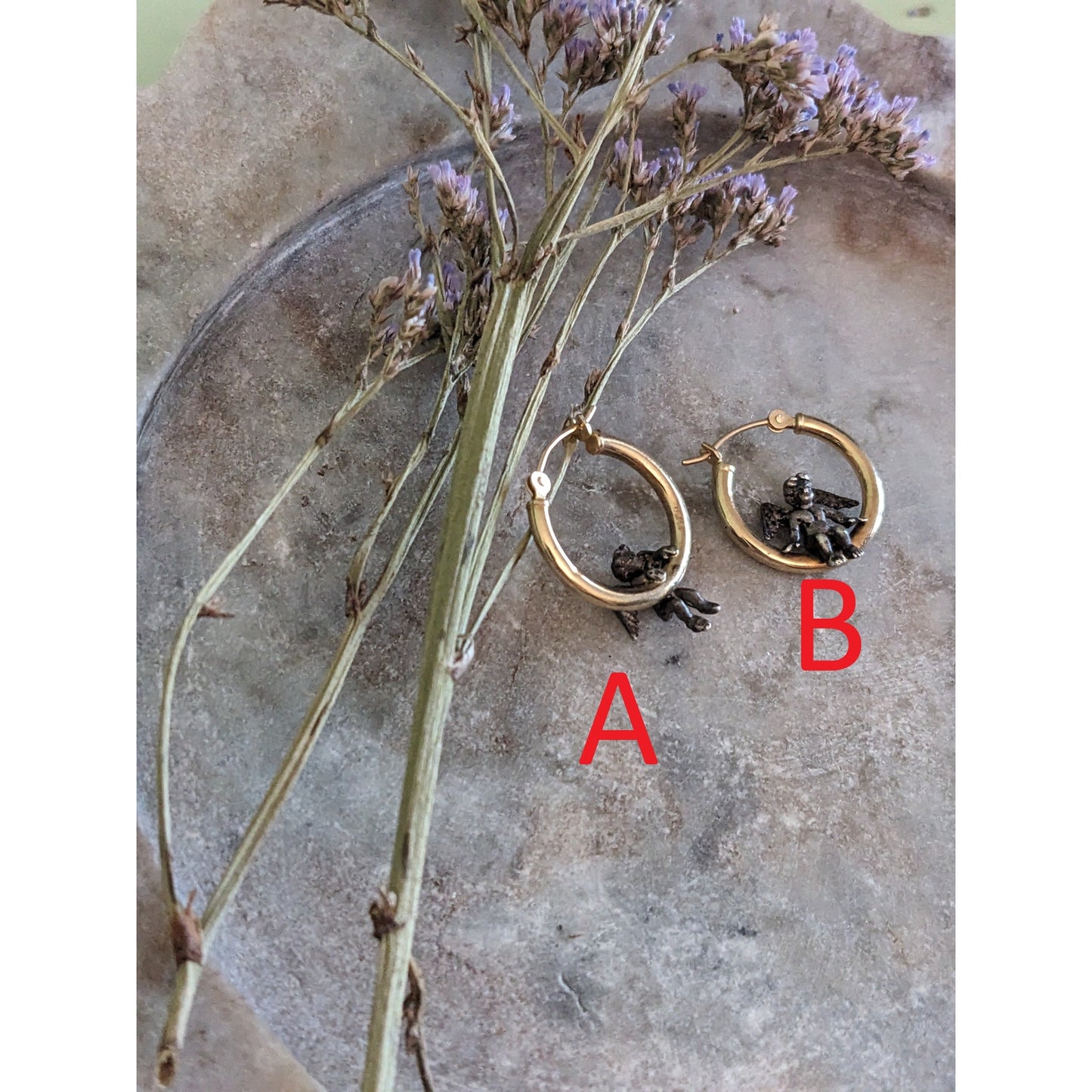 Vintage 14K Yellow Gold Hoop Earrings Seated/Dangling 925 Angels Lever-backs
