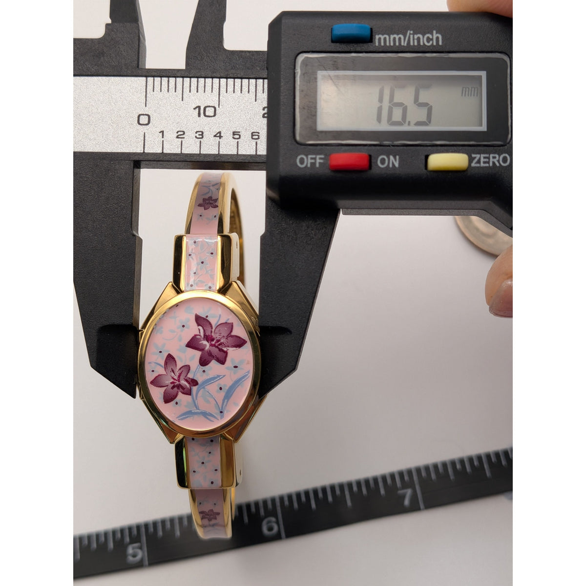Preowned Andre Mouche Gold Tone Peekaboo Watch Pink Enamel Purple Flowers