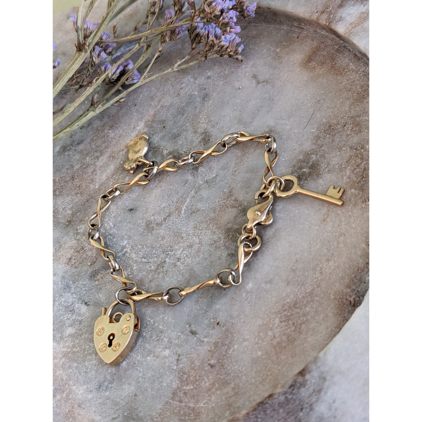 Estate 14k Yellow Gold Chain Bracelet 6in with Heart Cat Key Charms