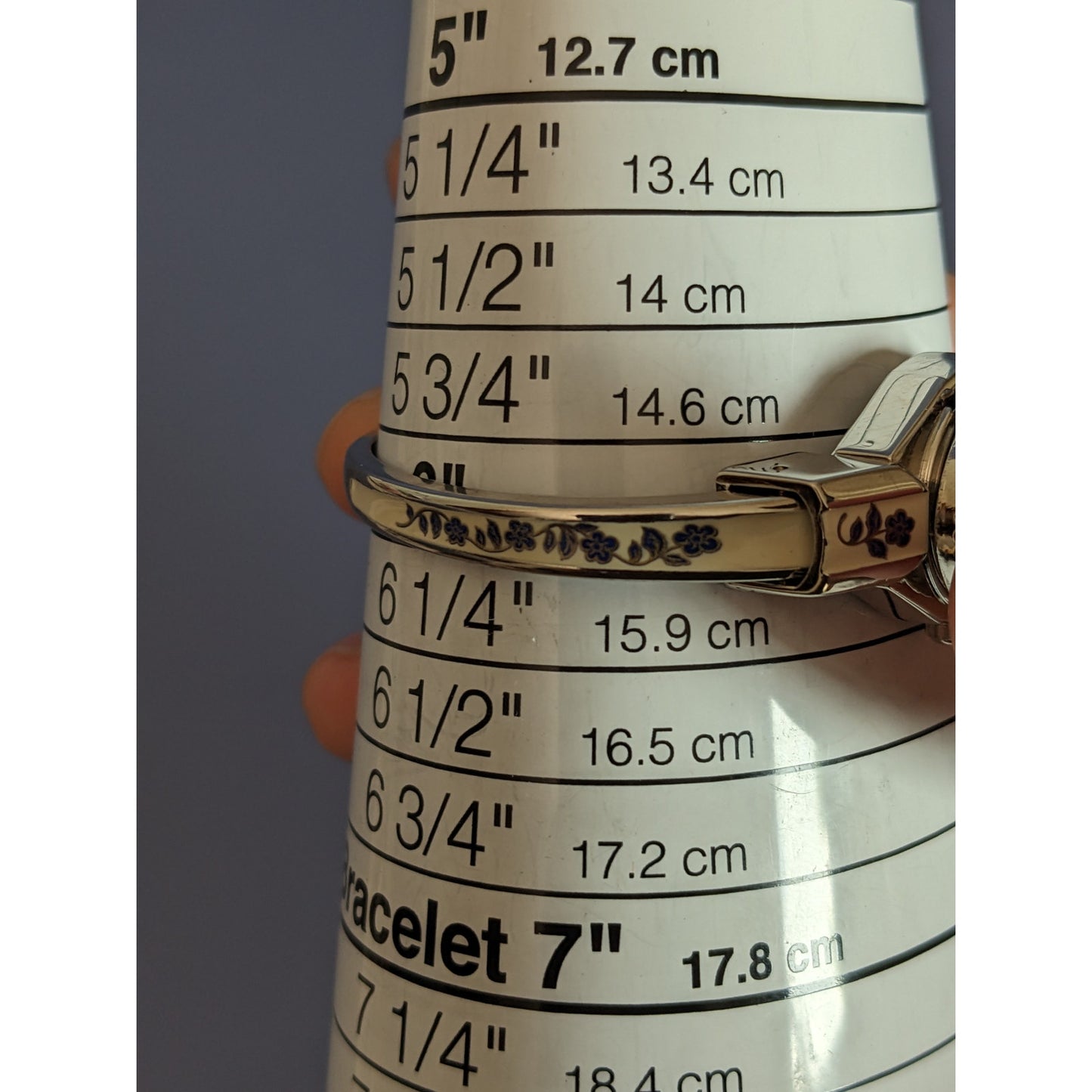 Vintage Andre Mouche Bangle Watch in Beige and Blue Enamel Floral Concealed Dial