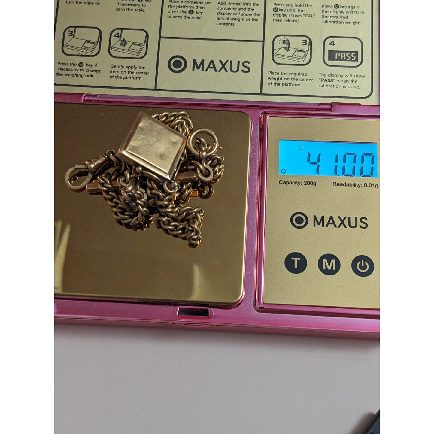 Vintage 18k Yellow Gold Watch Chain with White Gem Locket and T Bar