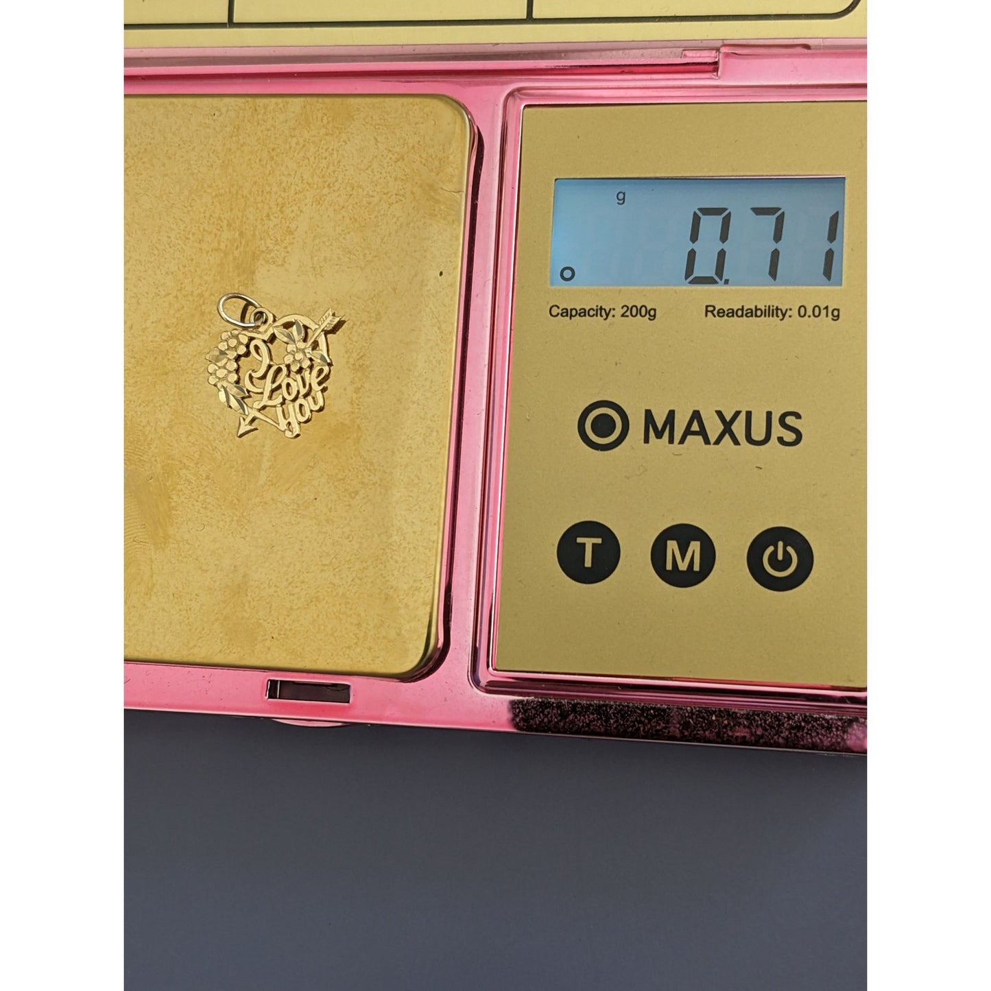 Estate 14k Yellow Gold "I Love You" Heart Pendant Charm with Arrow & Flowers