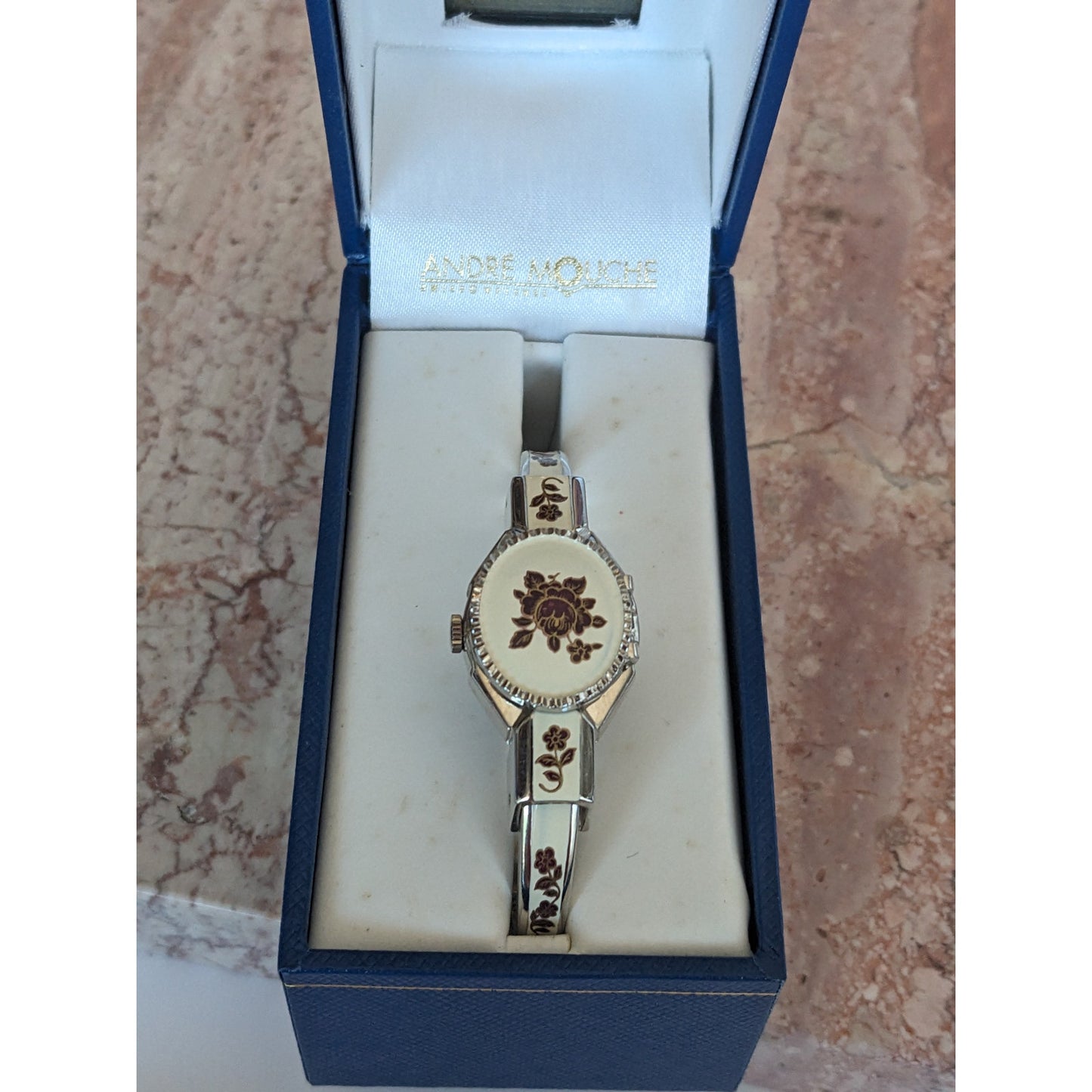 Vintage Andre Mouche Silver Tone Bangle Watch White Enamel Deep Red Flowers