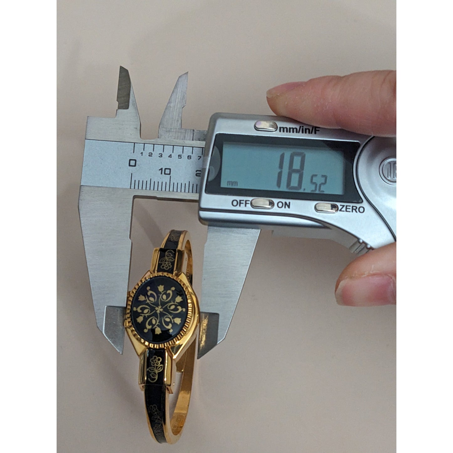 Vintage Andre Mouche Gold Tone Peekaboo Watch Black Enamel Gold Floral Accents