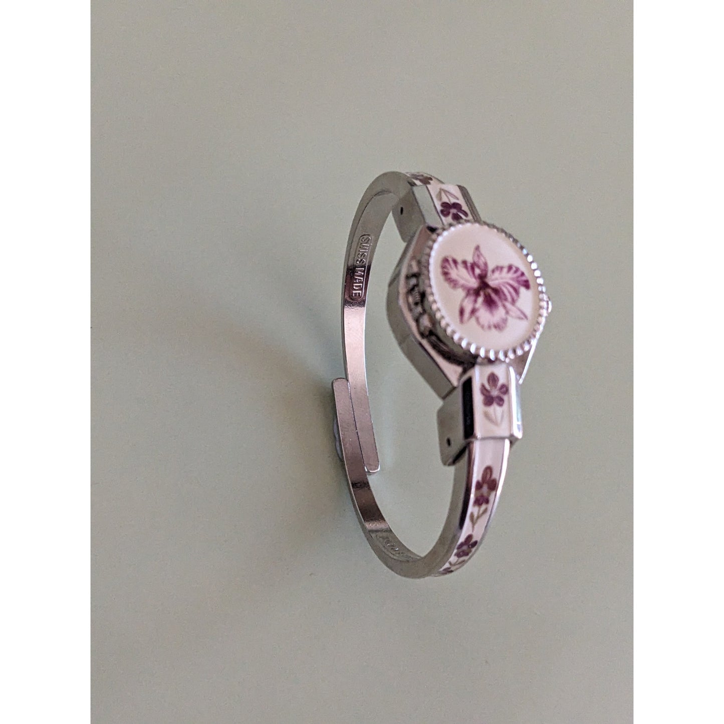 Vintage Andre Mouche Peekaboo Bangle Watch White Enamel Purple Flowers
