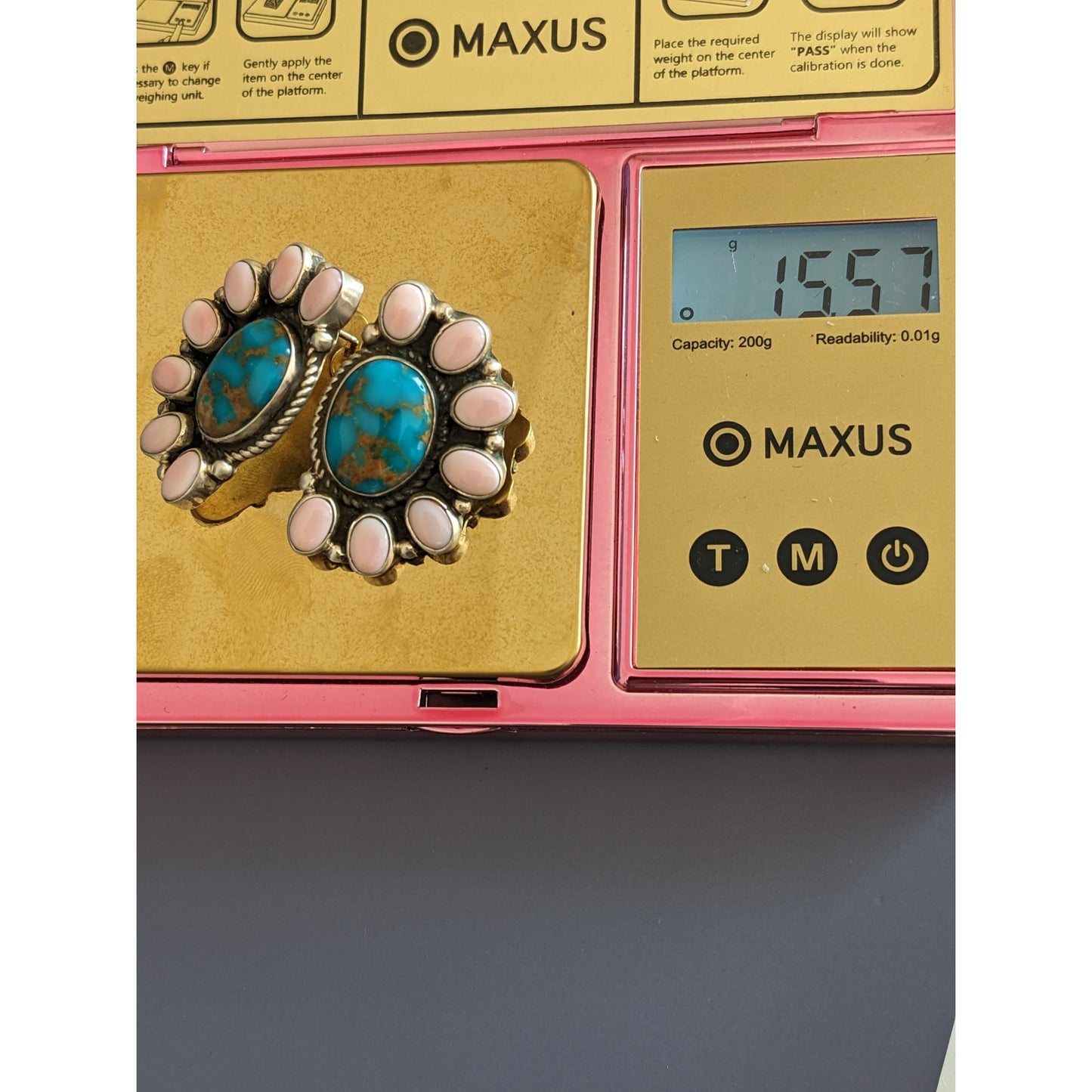 Estate G James 925 Sterling Silver Navajo Turquoise, Pink Conch Cluster Earrings