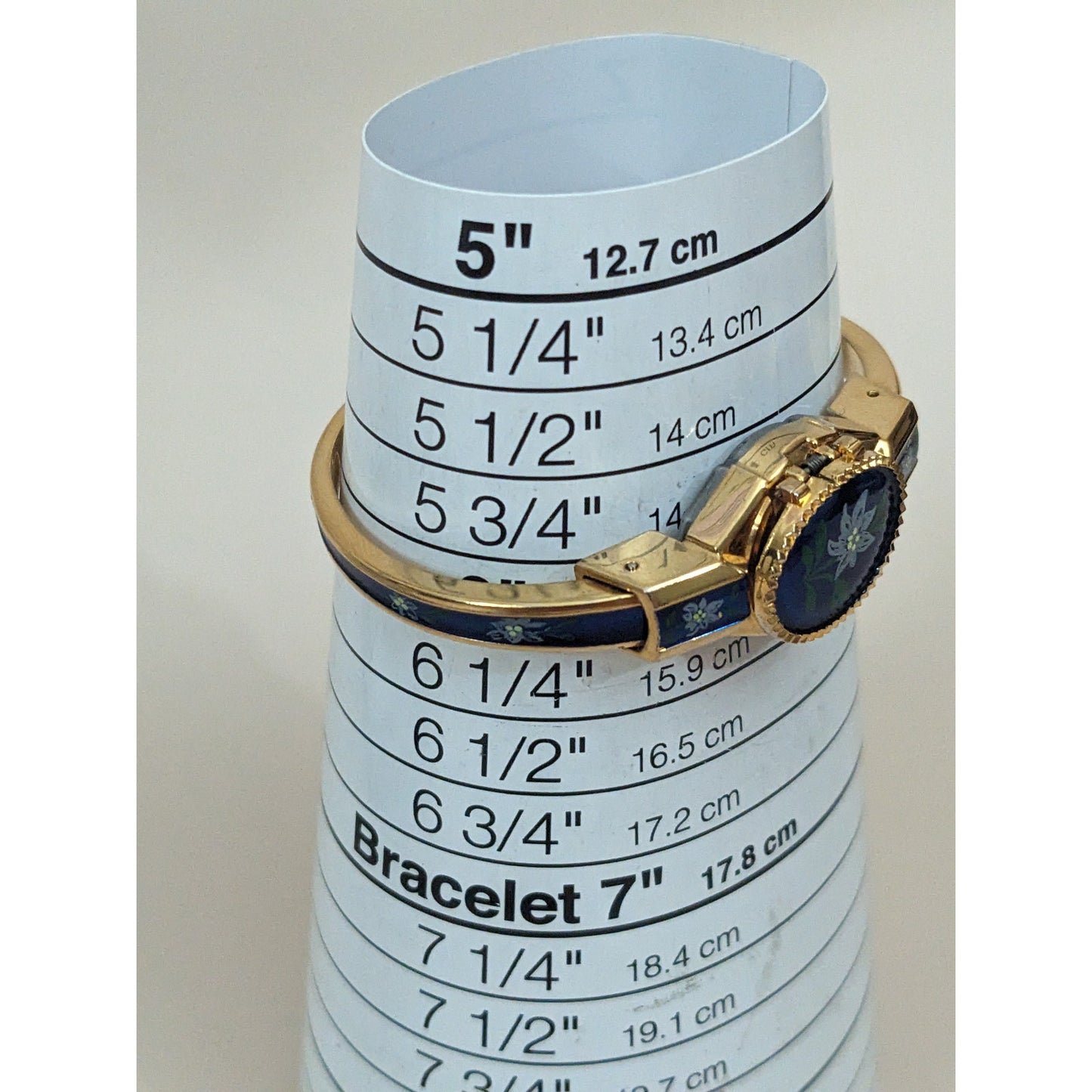 Vintage Andre Mouche Silver Tone Bangle Watch with Blue Floral Enamel Working