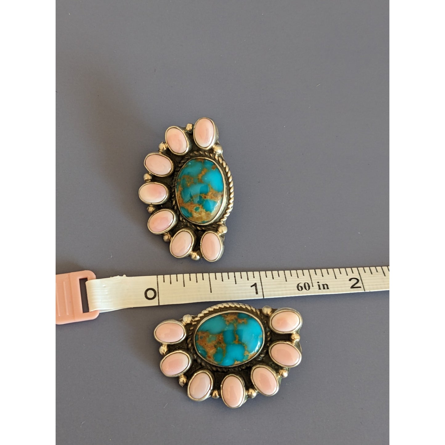 Estate G James 925 Sterling Silver Navajo Turquoise, Pink Conch Cluster Earrings