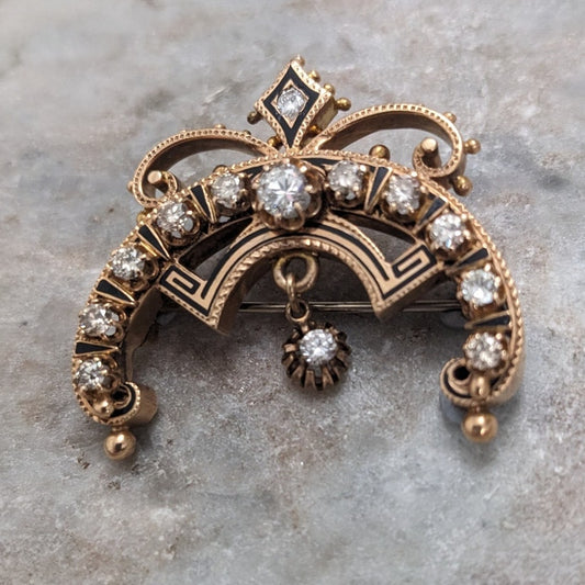 Antique Unmarked 14k Black Enamel & Diamond Crescent Moon Brooch