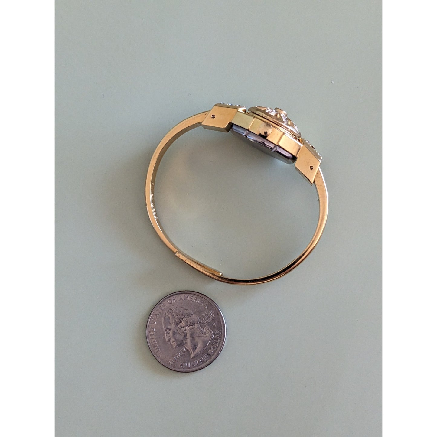 Vintage Hanowa Swiss Gold Tone Metal Bangle Watch with Flower Rhinestone