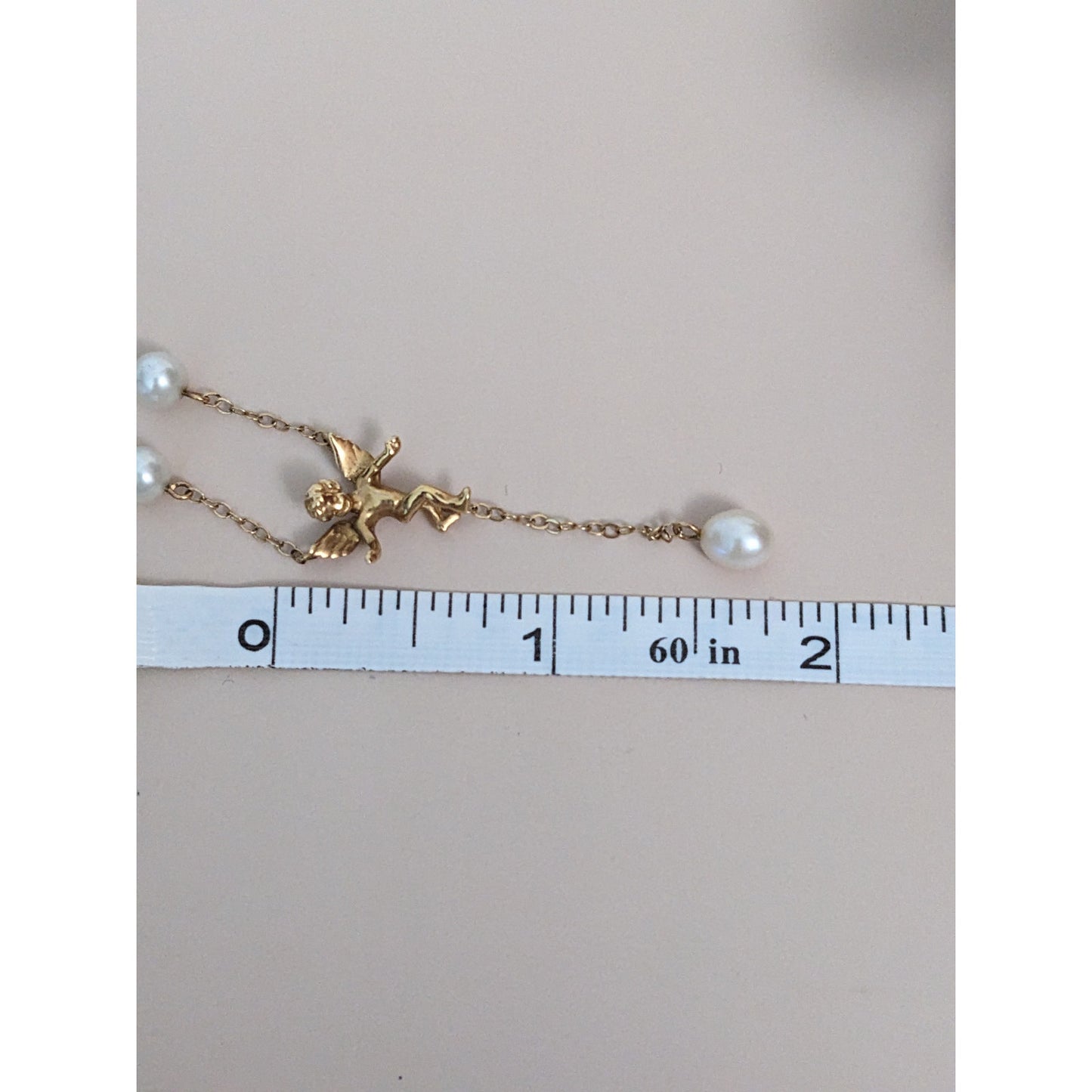 Vintage 14k Dainty Pearl and Chain Necklace with Dangling Cherub Angel 16.5in