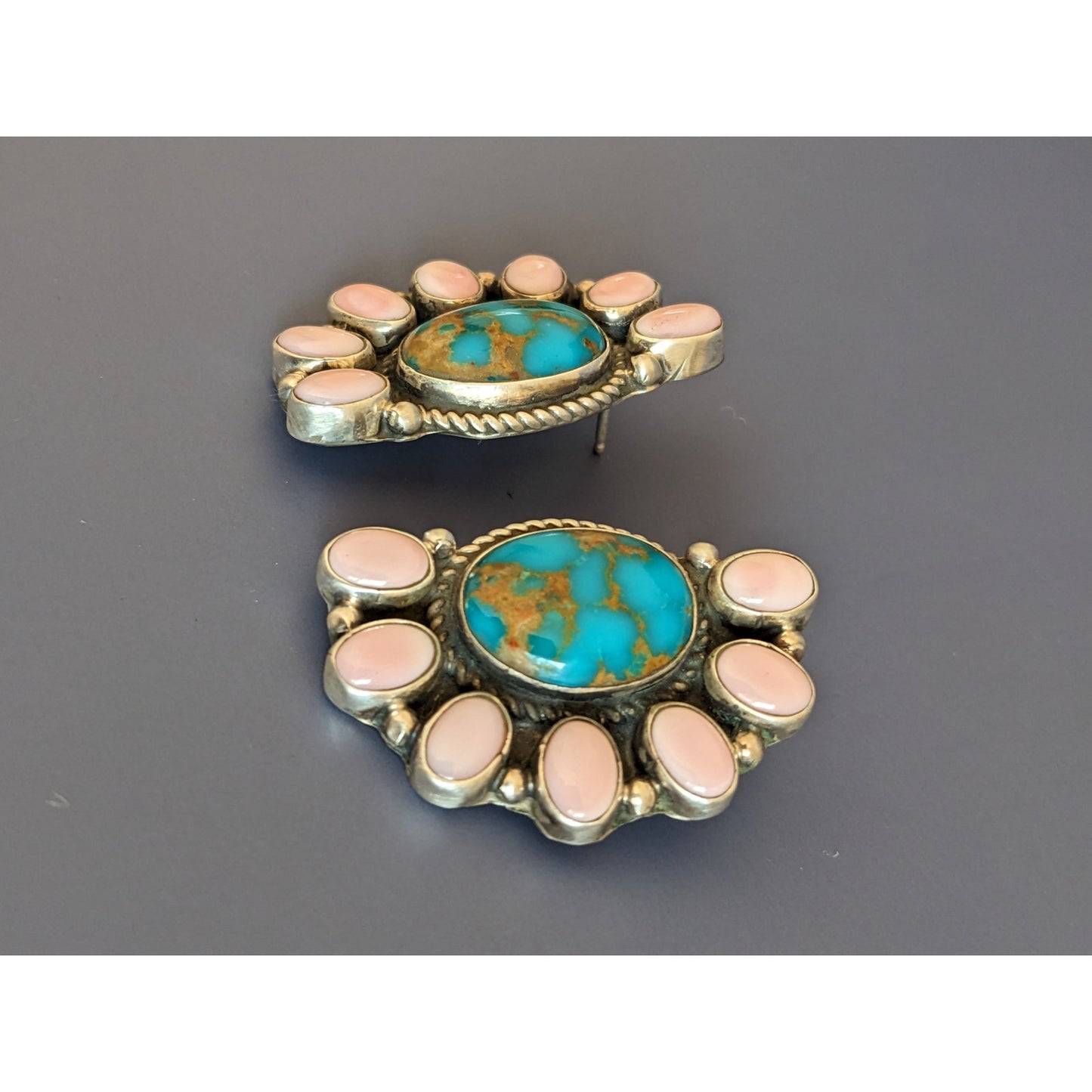 Estate G James 925 Sterling Silver Navajo Turquoise, Pink Conch Cluster Earrings