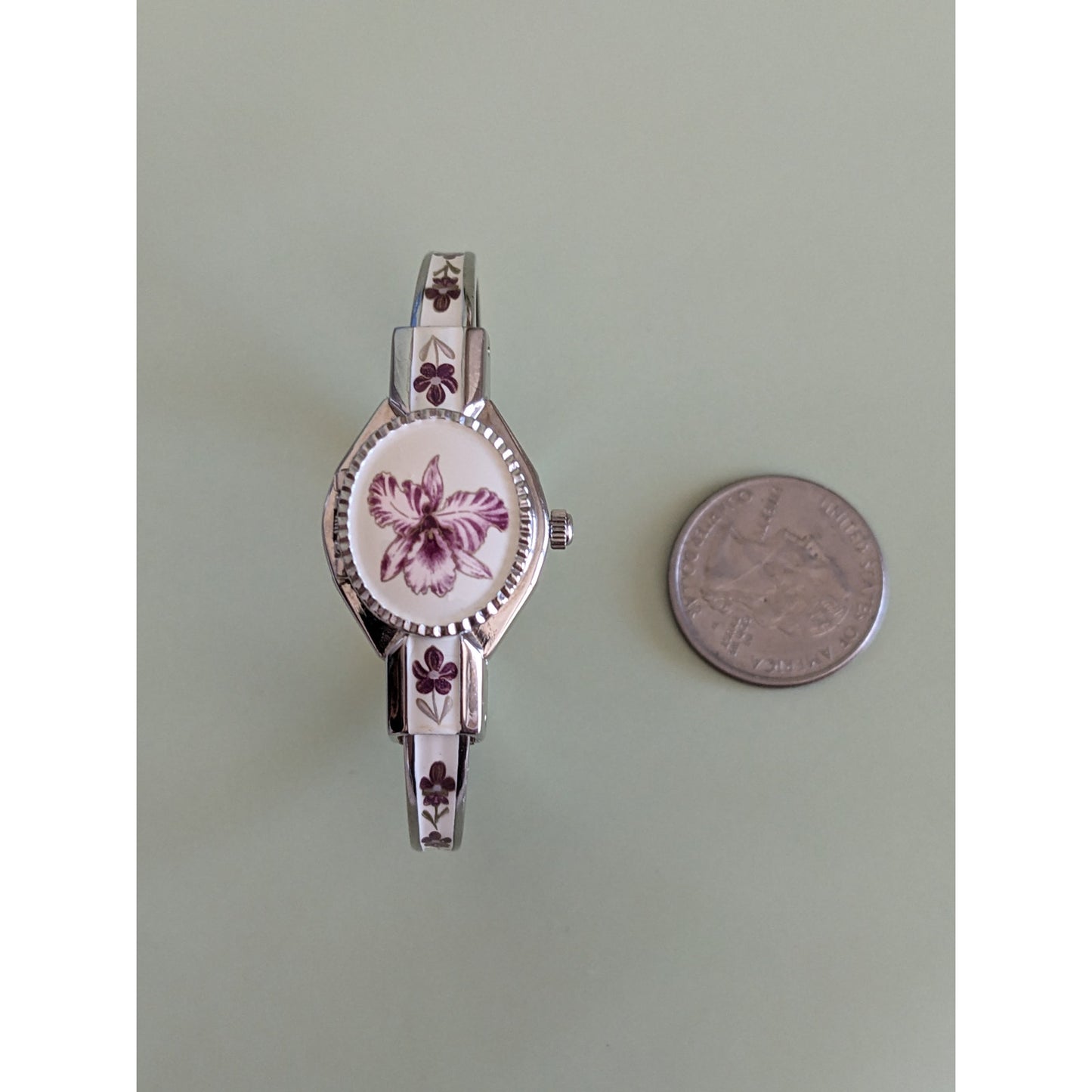 Vintage Andre Mouche Peekaboo Bangle Watch White Enamel Purple Flowers