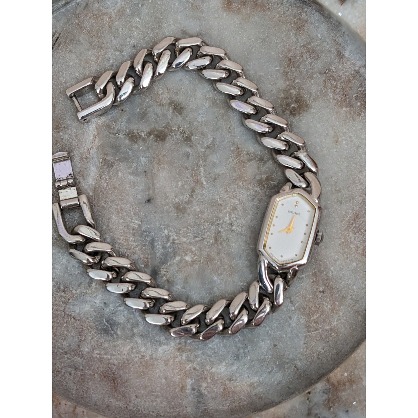 Vintage Andre Mouche Silver Tone Bangle Watch with Blue Floral Enamel Working