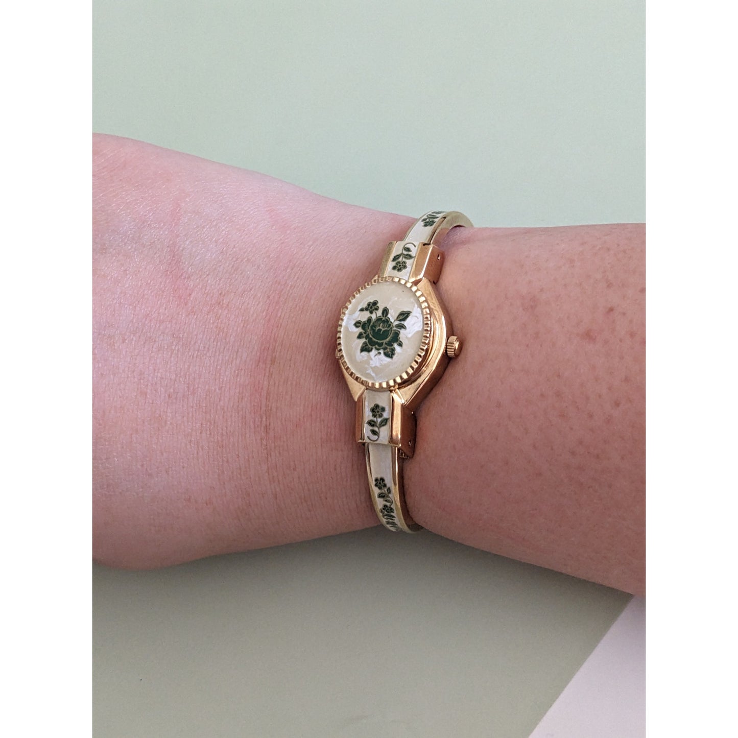 Vintage Andre Mouche Gold Tone Bangle Watch Beige & Green Floral Enamel Working