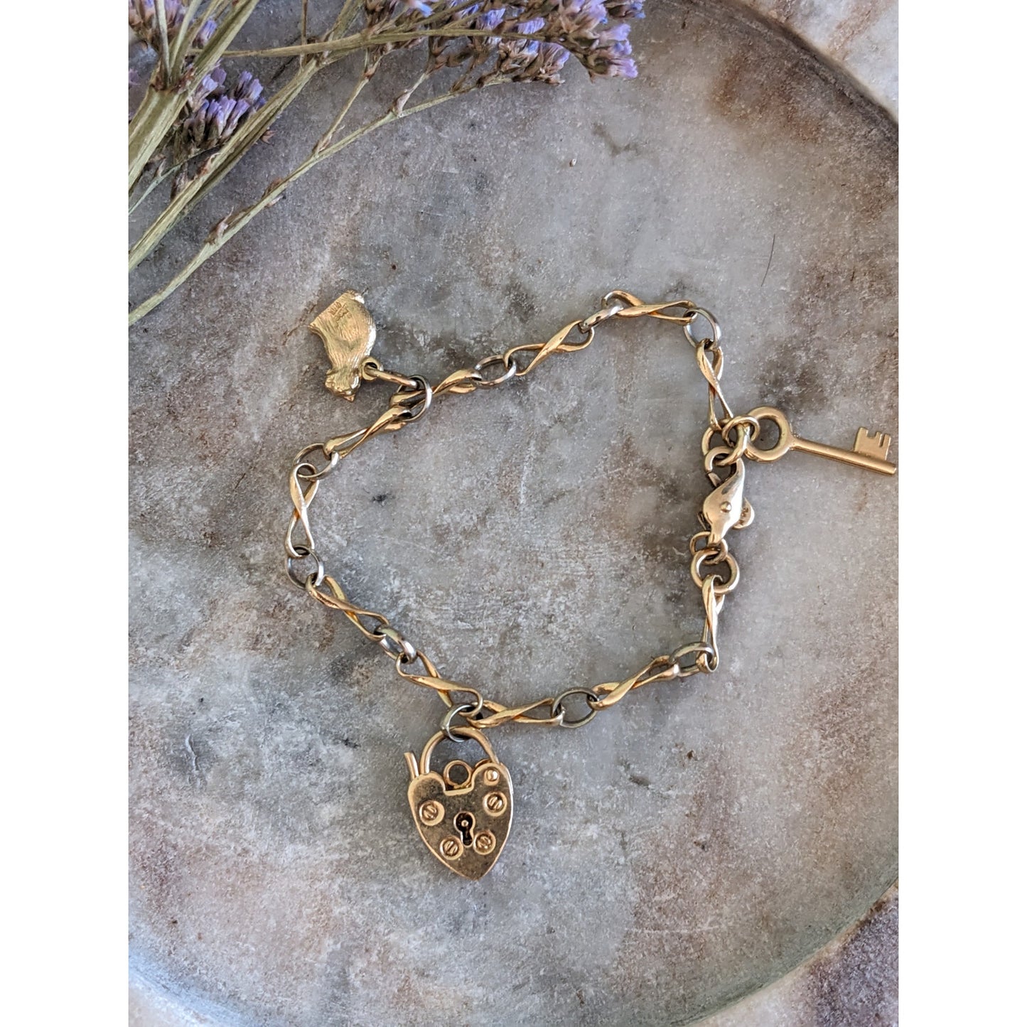 Estate 14k Yellow Gold Chain Bracelet 6in with Heart Cat Key Charms