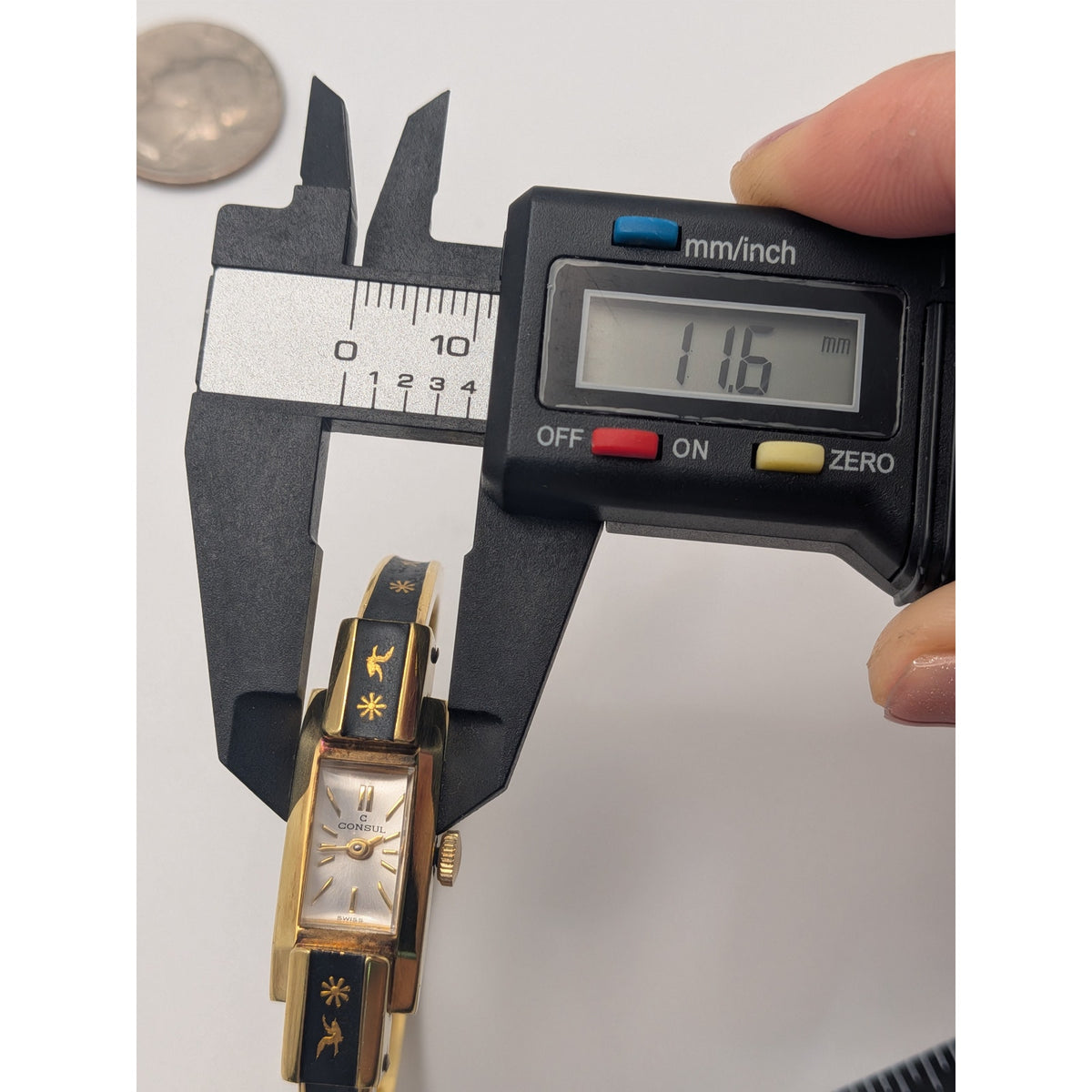 Vintage Consul Gold Tone Watch Matte Black Enamel Bird and Flower Accents