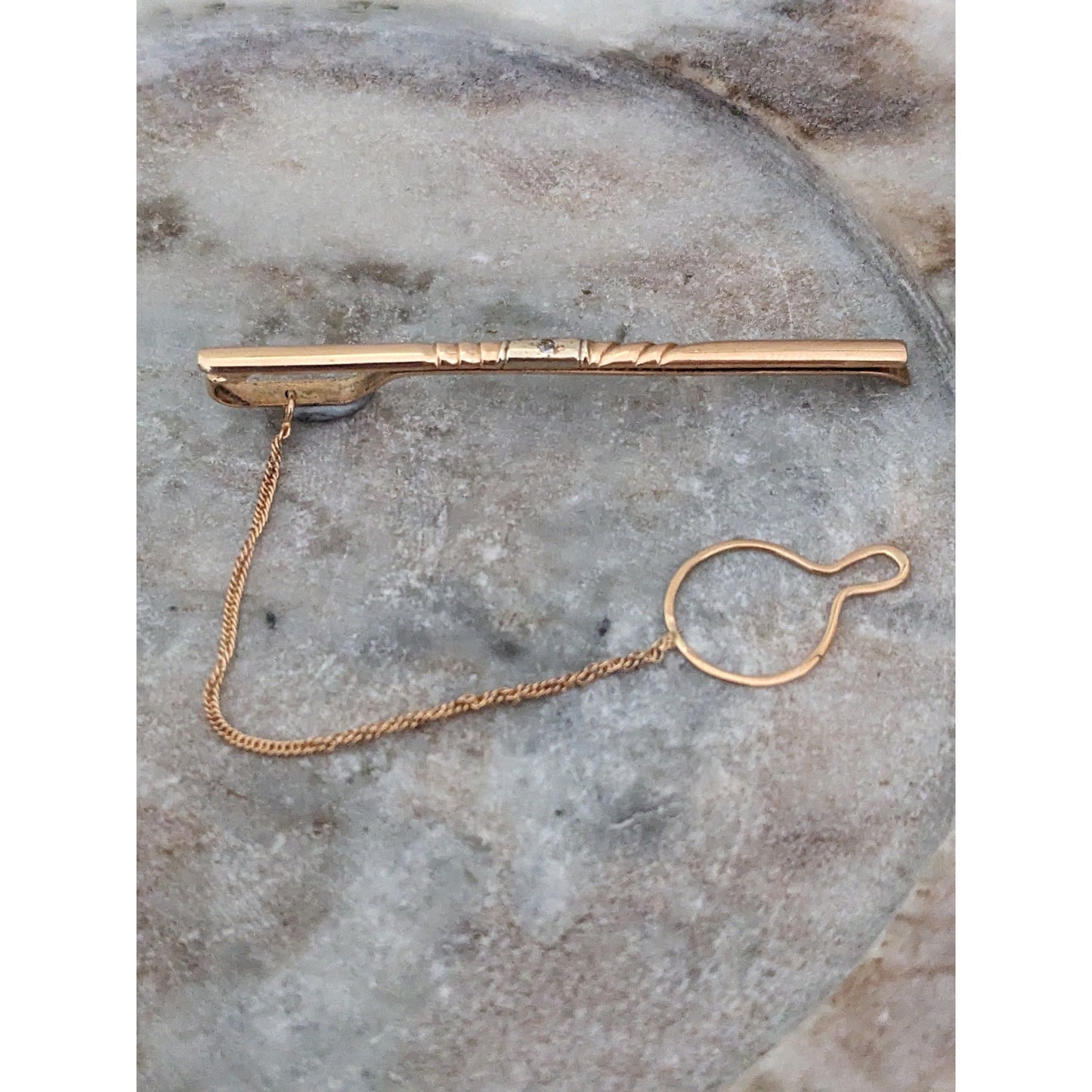 Vintage 1990s 14k Yellow Gold Tie Clasp Clip Tiny with Diamond Chip