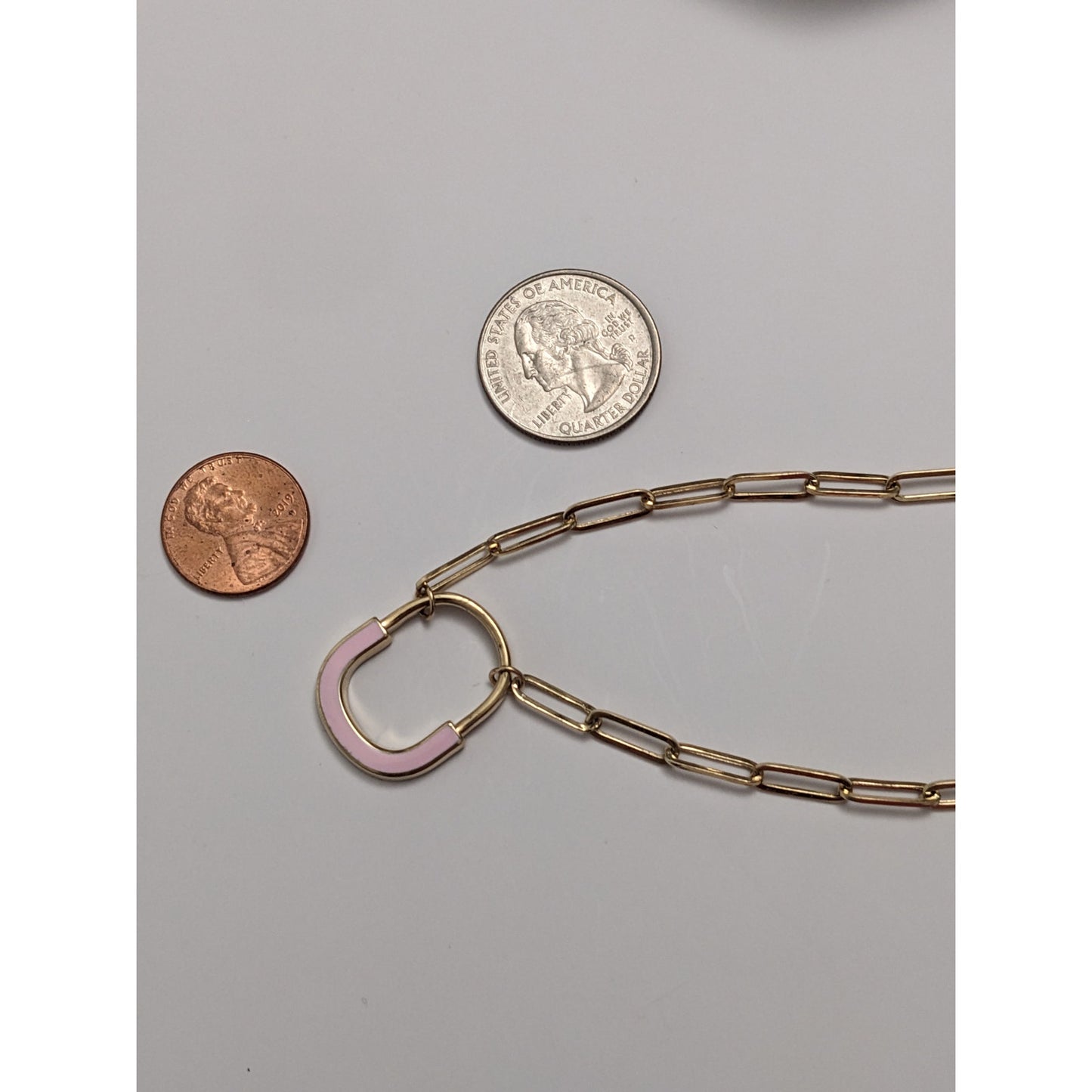 Preowned 14k Yellow Gold Paper Clip Chain Necklace Pink Enamel Pendant 18in