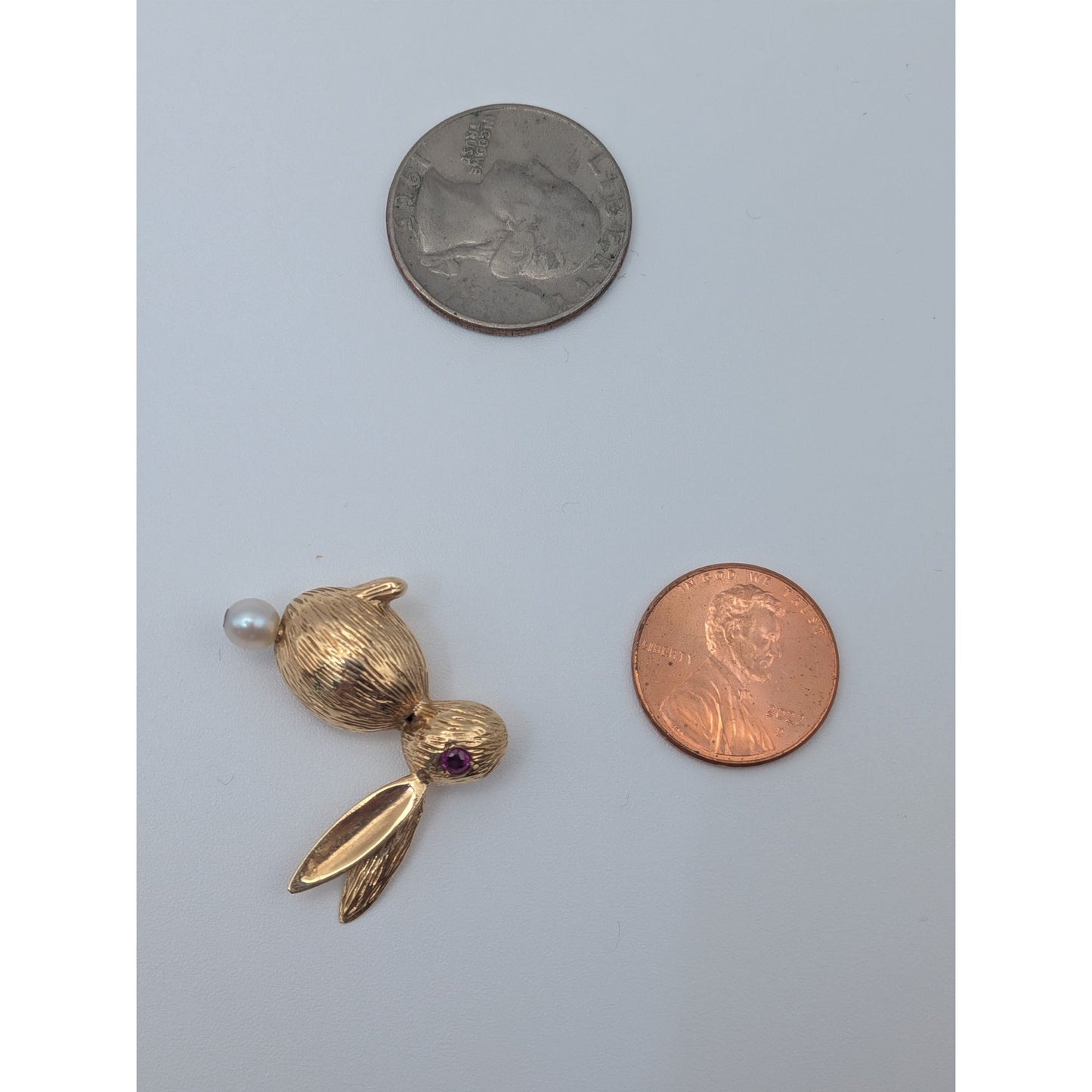 Vintage 14k Yellow Gold Rabbit Brooch with Pink Eye and Pearl