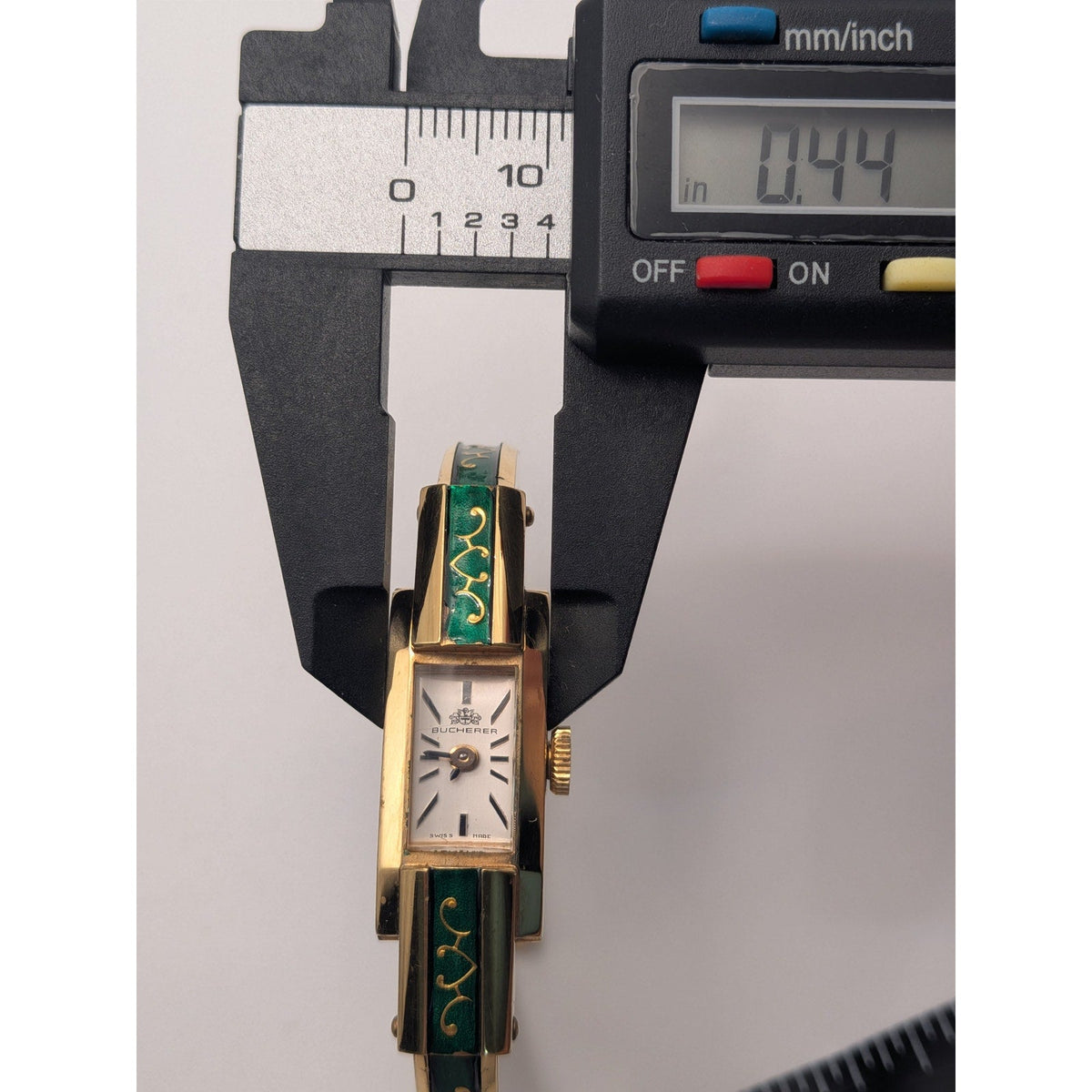 FLAW Vintage Bucherer Gold Tone Bangle Watch Green Enamel Gold Pattern Accent