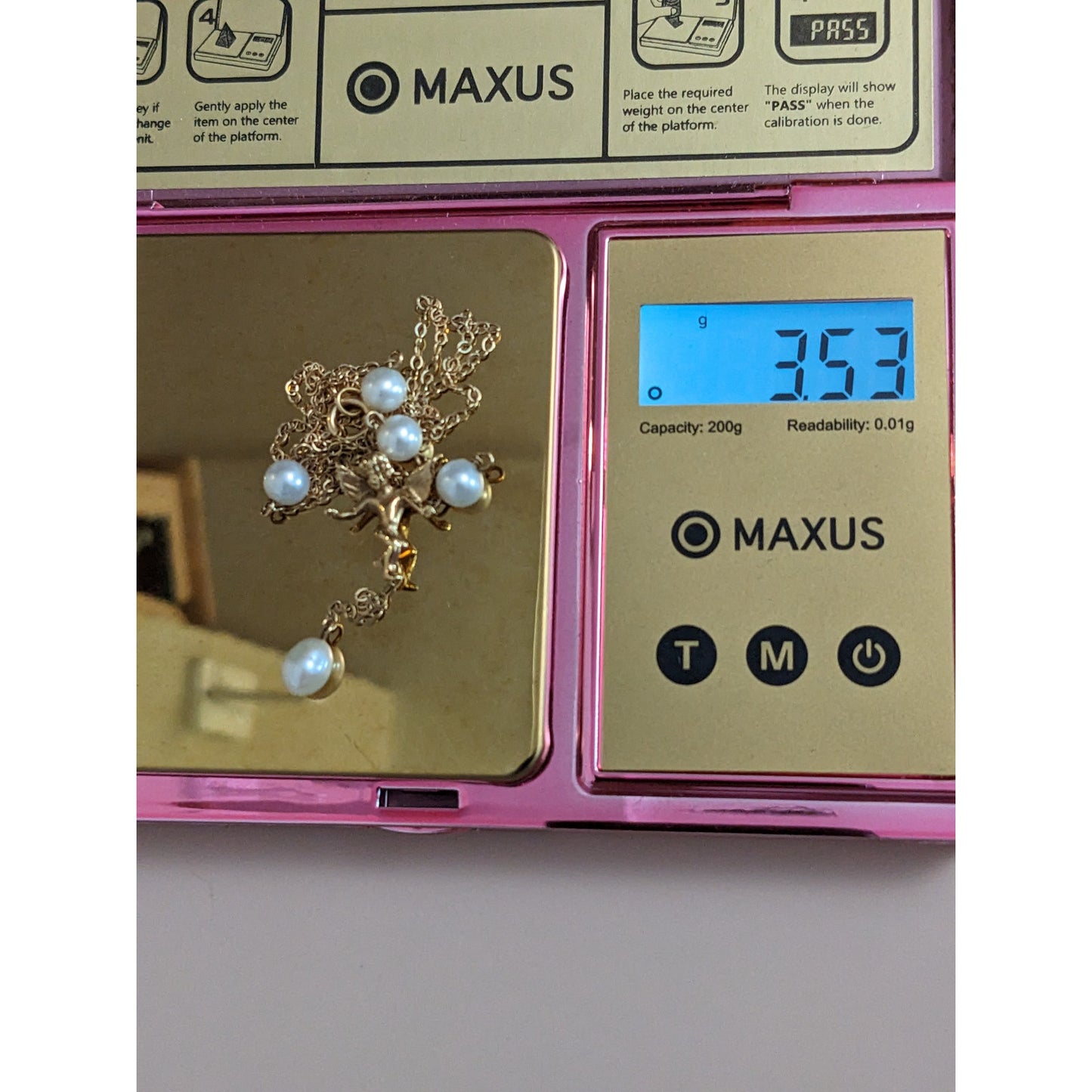 Vintage 14k Dainty Pearl and Chain Necklace with Dangling Cherub Angel 16.5in