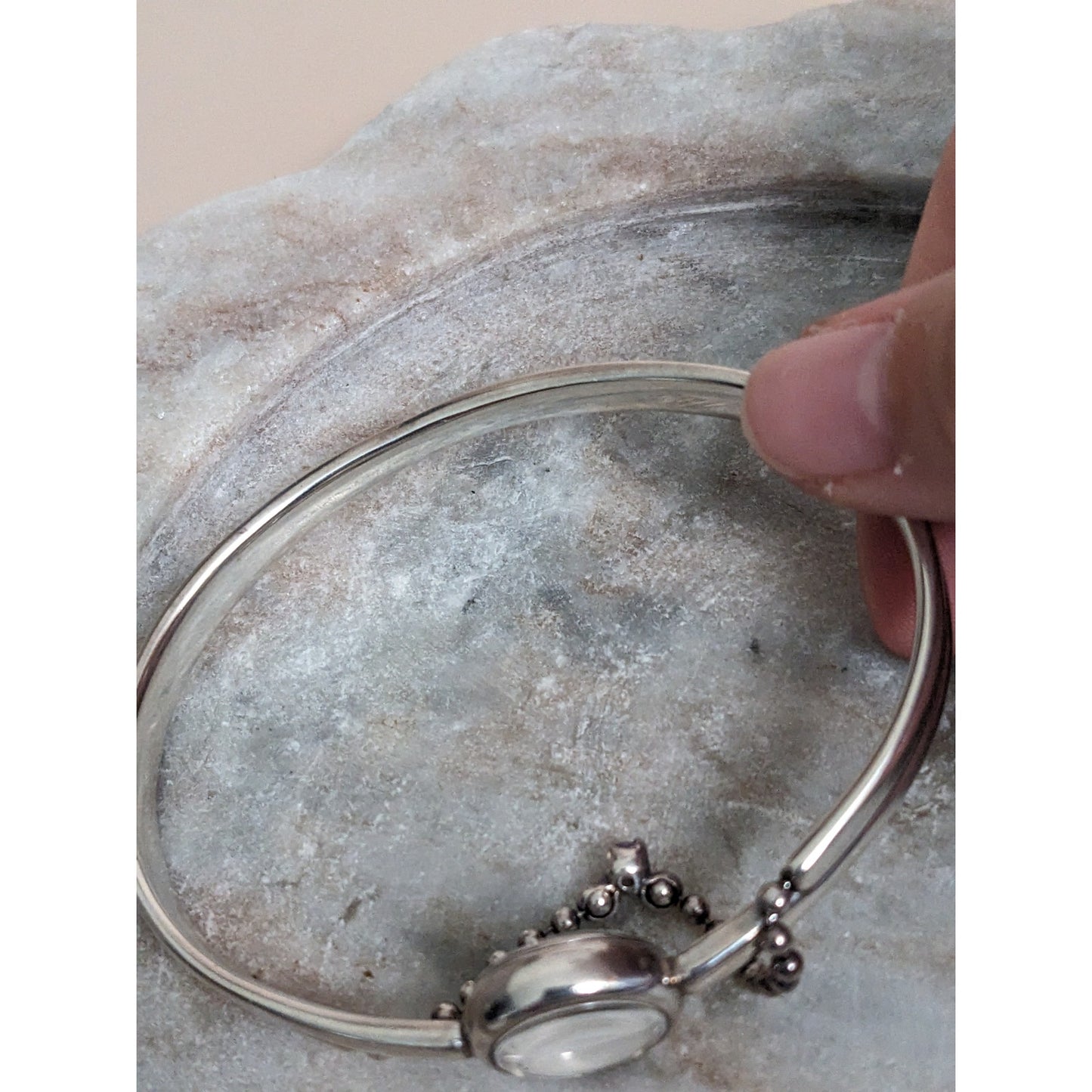 Vintage Andre Mouche Silver Tone Bangle Watch with Blue Floral Enamel Working