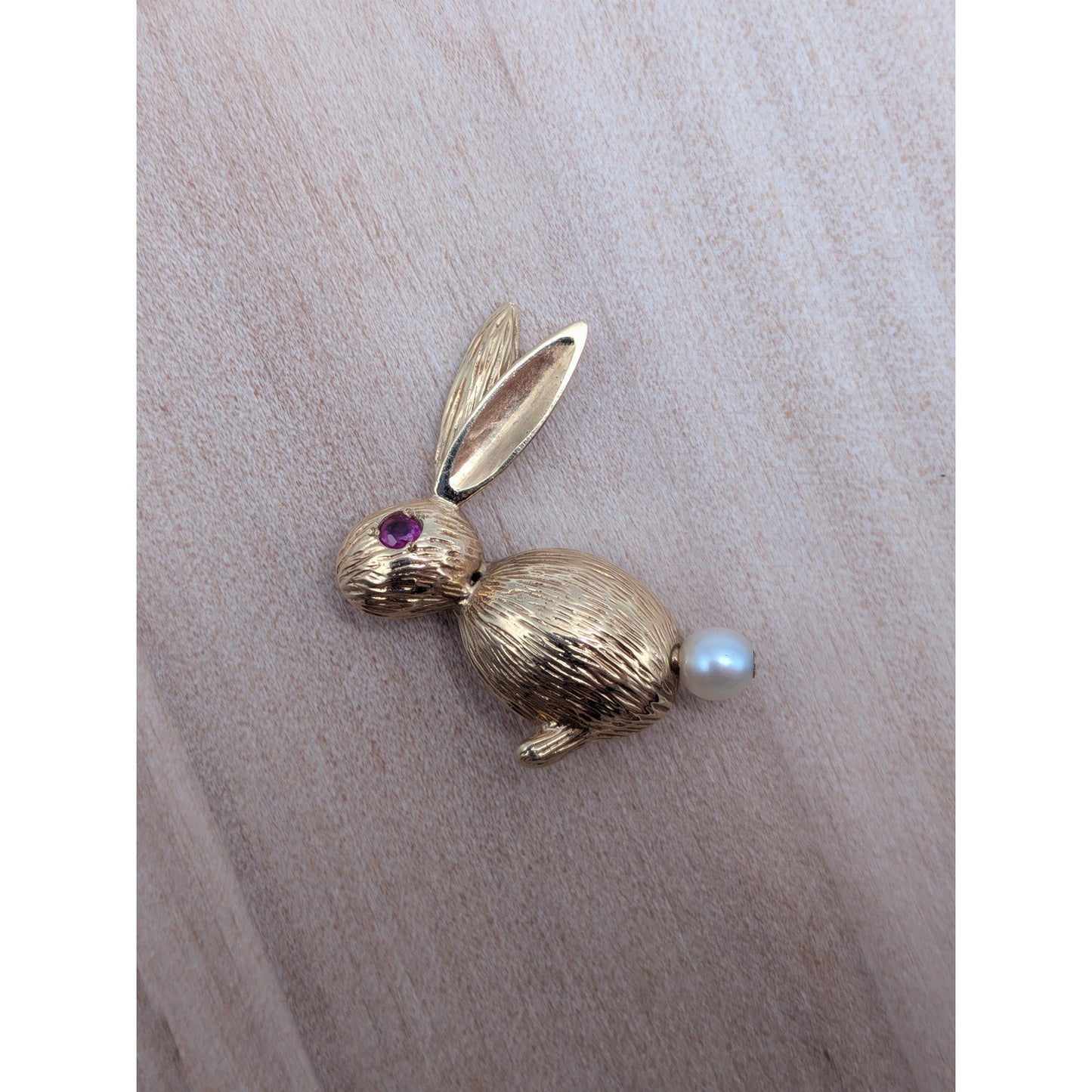 Vintage 14k Yellow Gold Rabbit Brooch with Pink Eye and Pearl
