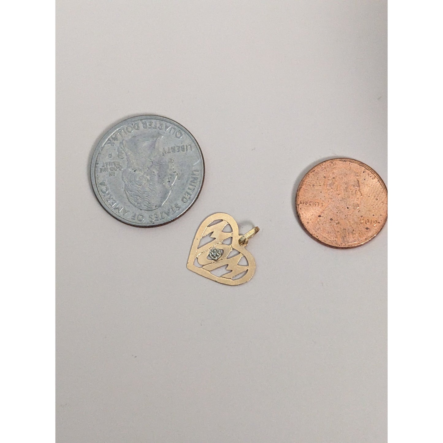 Vintage 14k Yellow Gold Flat Dainty "MOM" Heart Pendant with Super Tiny Gem