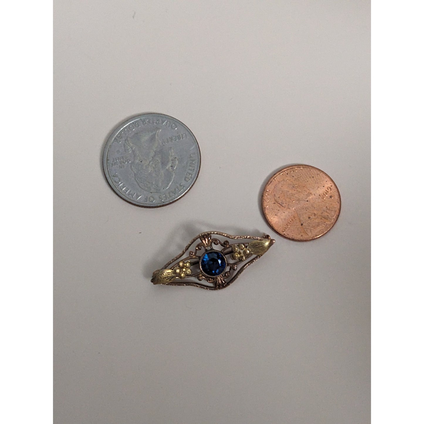 Antique 10k Rose and Yellow Gold Floral Brooch with Blue Gem