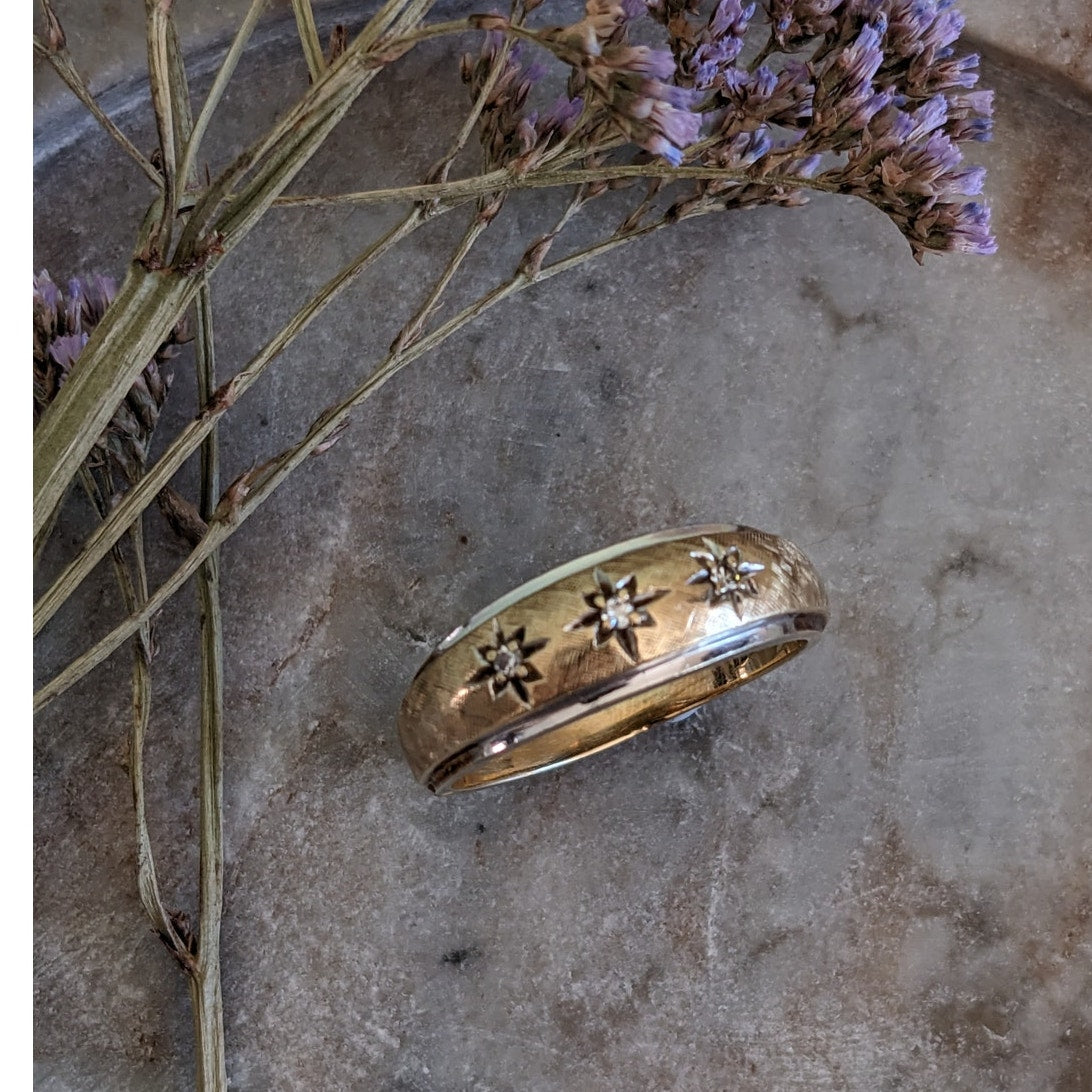 Vintage 14k Yellow and White Gold Ring with Star Bezel Diamond Accents 12US