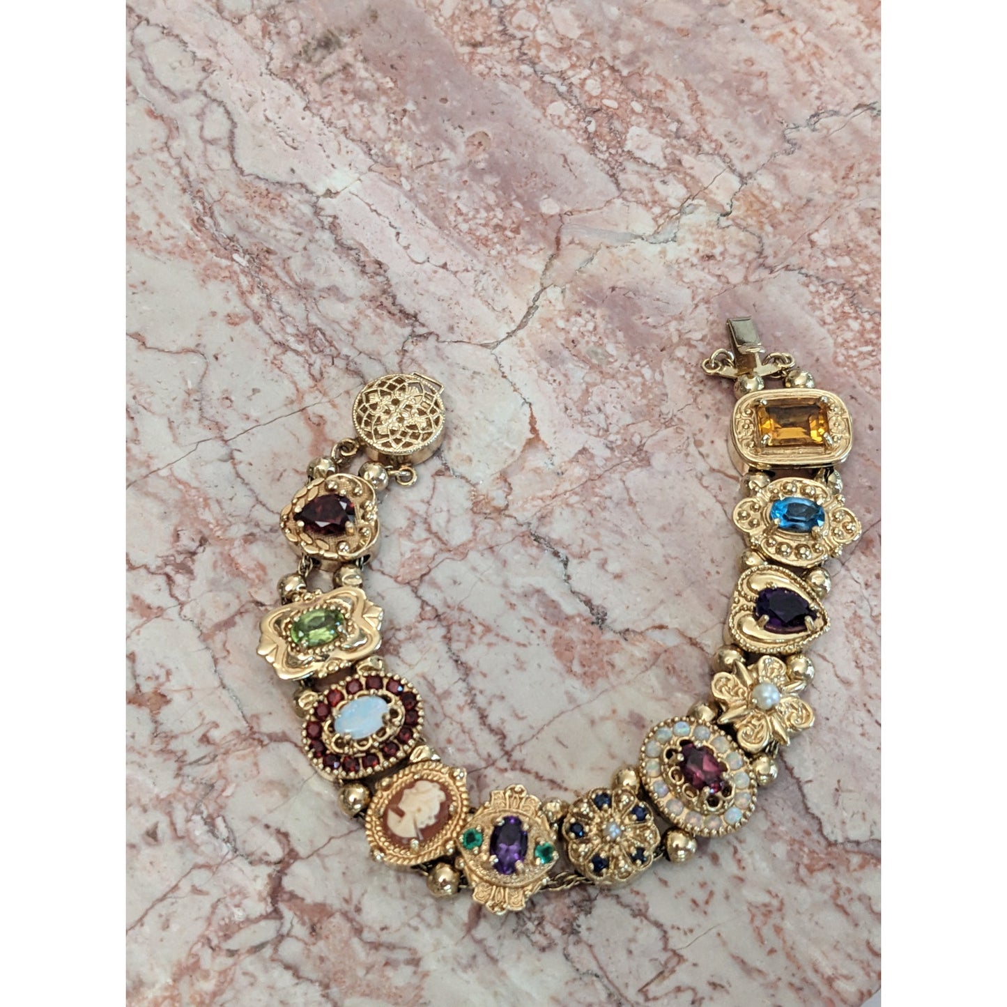 FLAW Vintage 14k Solid Gold Multi-Gemstone Slide Estate Bracelet
