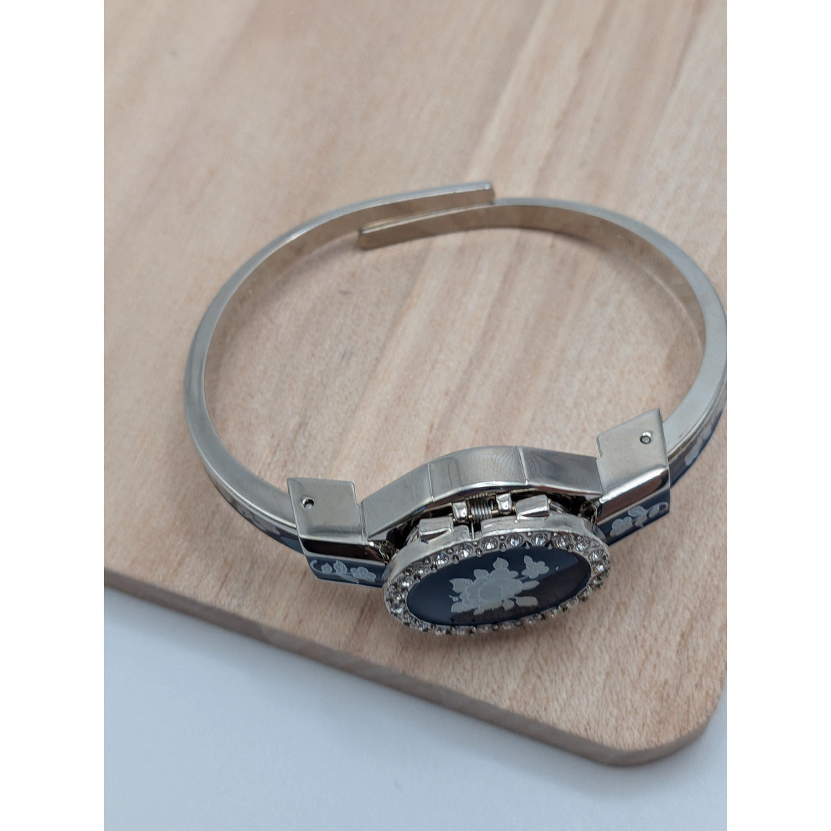 Vintage Andre Mouche Silver Tone Peekaboo Watch Blue Enamel White Flowers w/Box