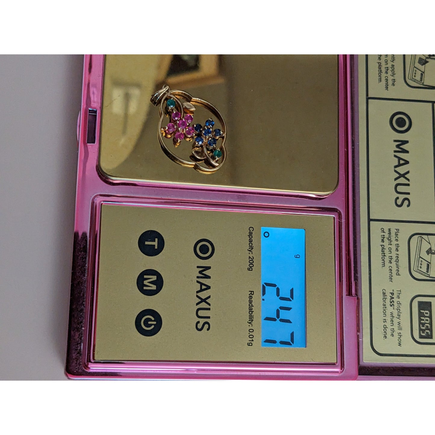 Estate 14k Yellow Gold Pink and Blue Gem Flowers Pendant