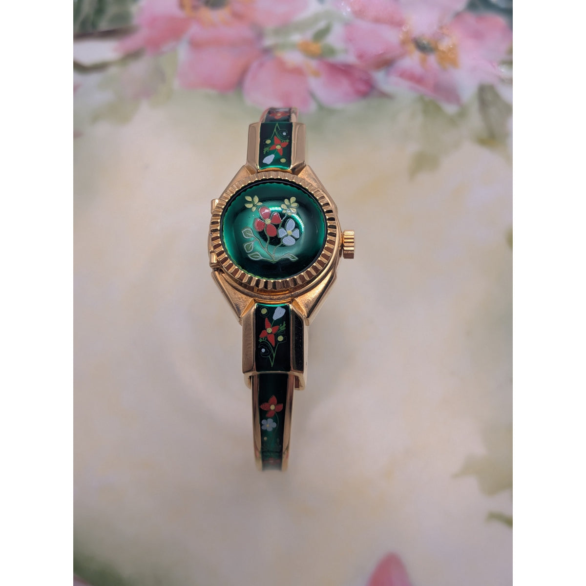 Vintage R Miller Gold Tone Peekaboo Watch Green Enamel Red and Blue Flowers