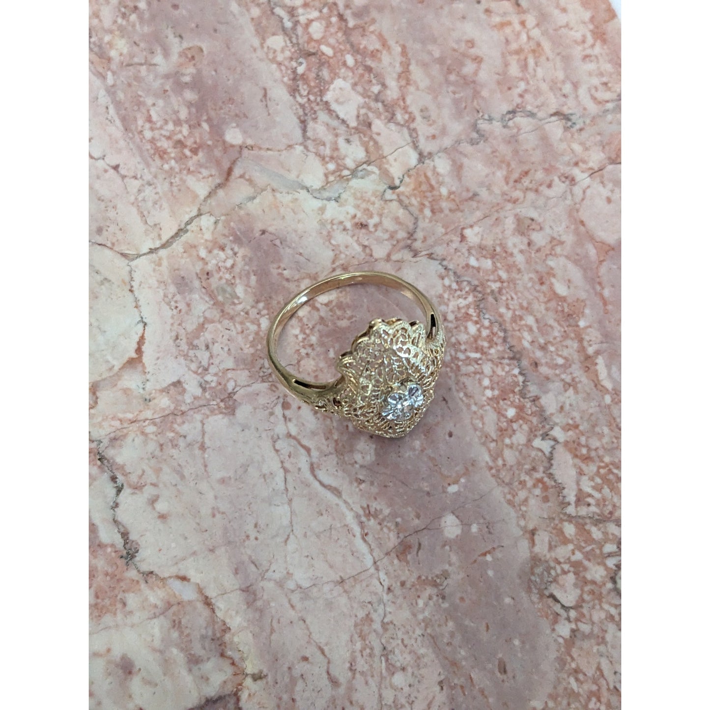 FLAW Vintage 14k Yellow Gold Filigree Diamond Cocktail Ring Size 7.75