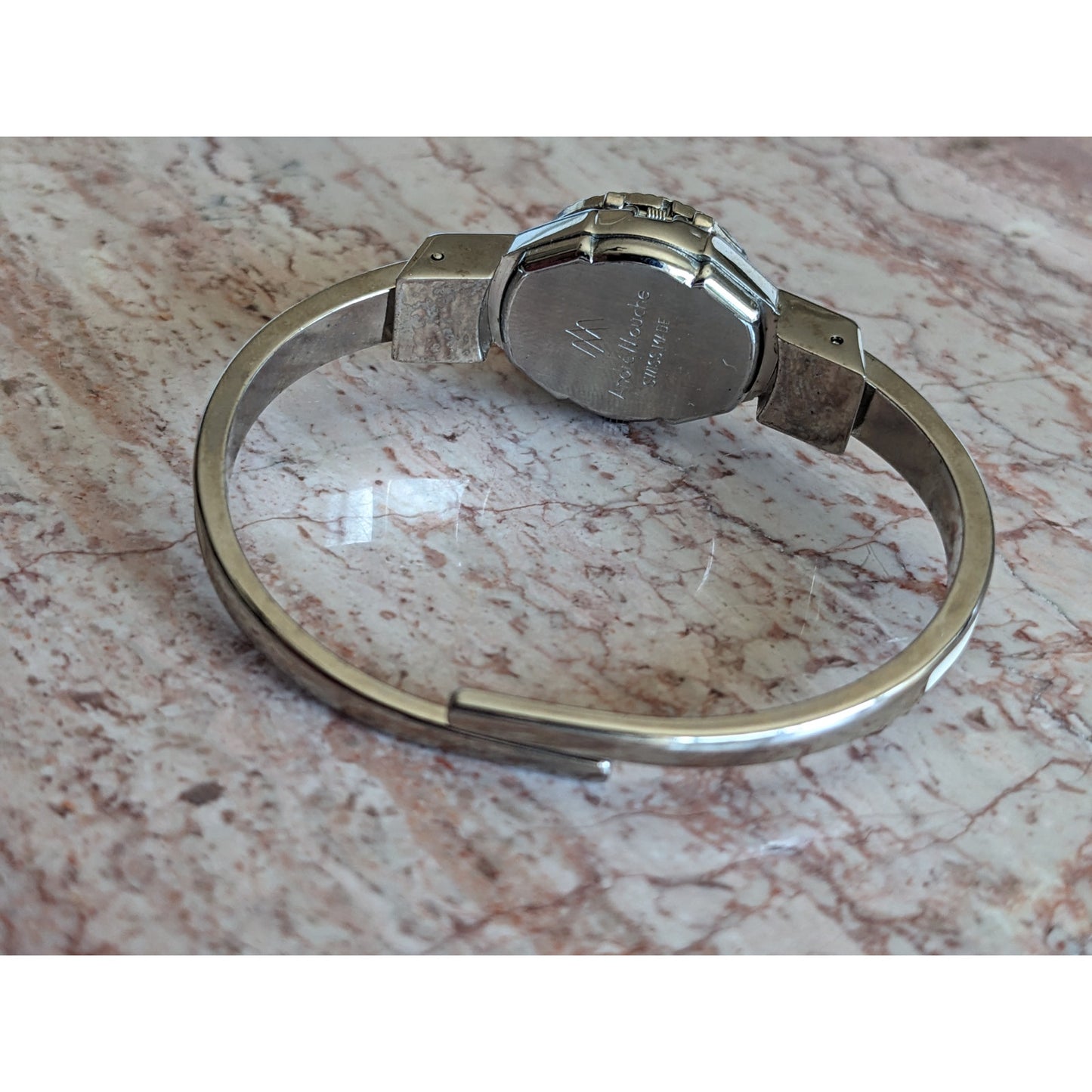Vintage Andre Mouche Silver Tone Bangle Watch White Enamel Blue Flowers