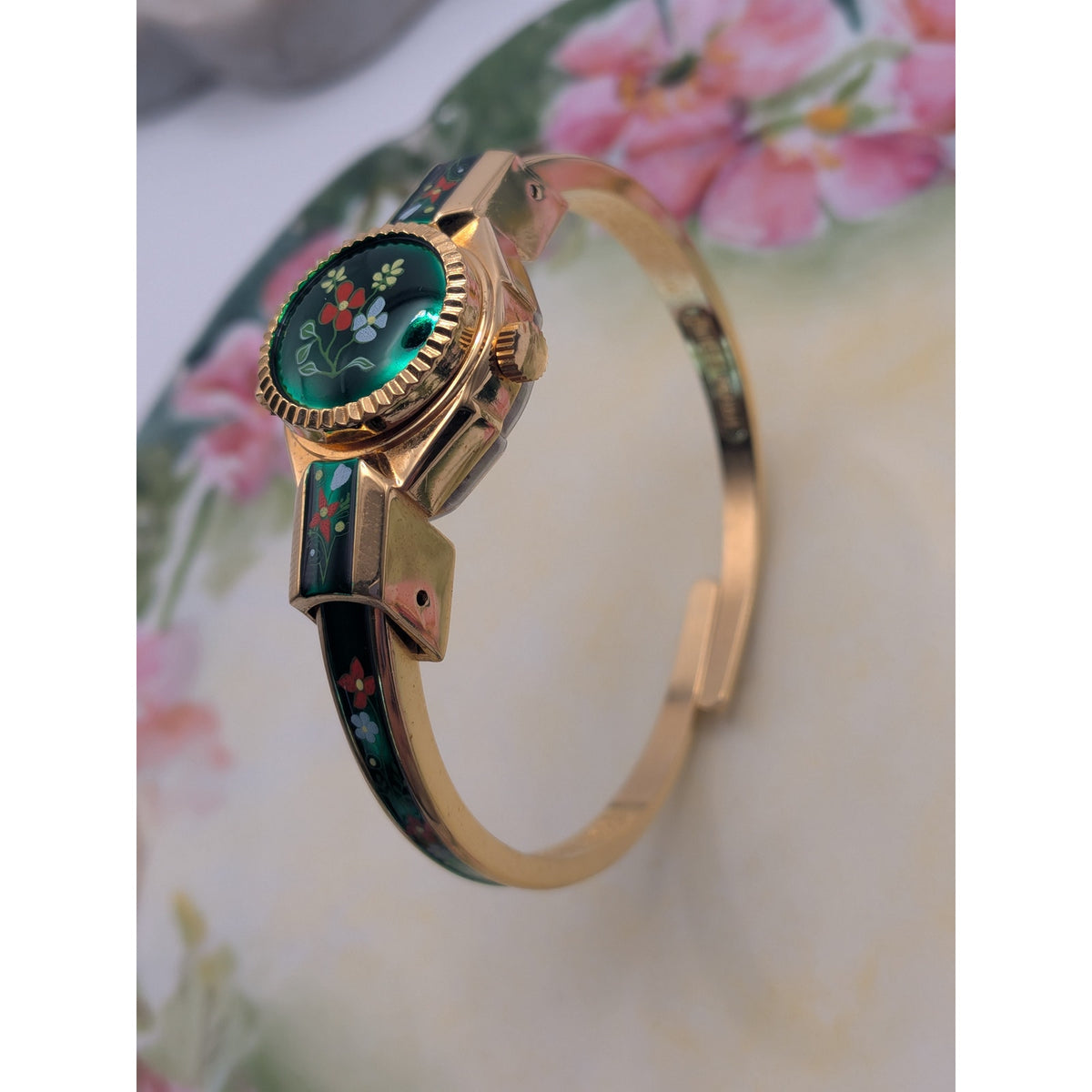 Vintage R Miller Gold Tone Peekaboo Watch Green Enamel Red and Blue Flowers