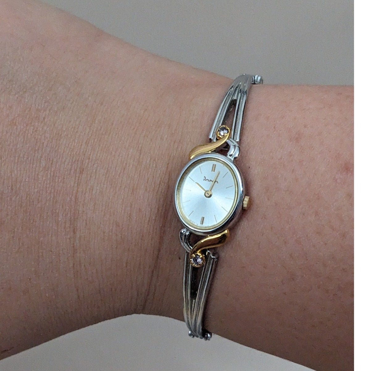 Vintage Andre Mouche Silver Tone Bangle Watch with Blue Floral Enamel Working