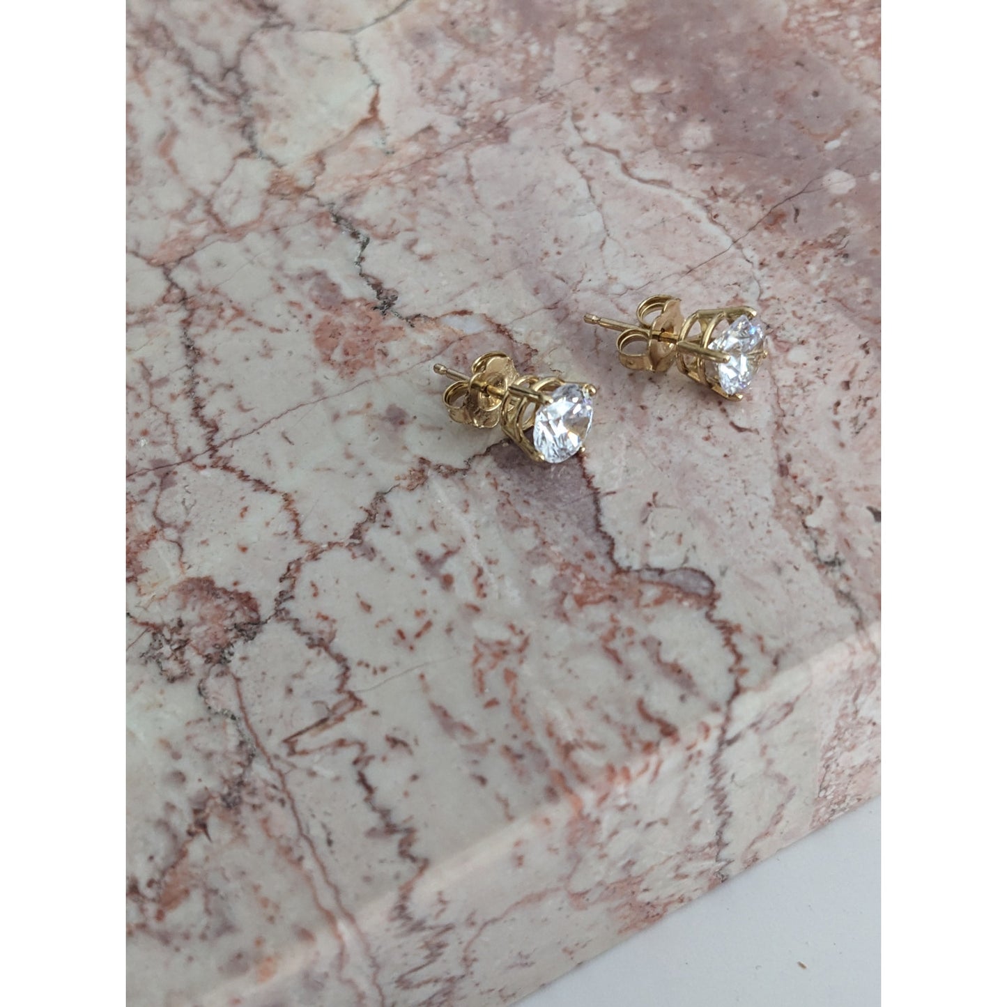 Estate 14k Yellow Gold White CZ Stones Stud Earrings