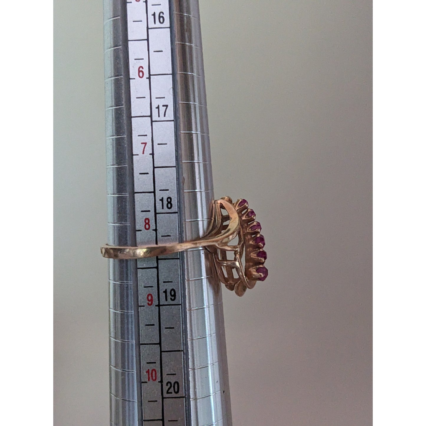 Vintage USSR 14k 1950s Gold Cocktail Abstract Ring with Lab Rubies Size 8.25