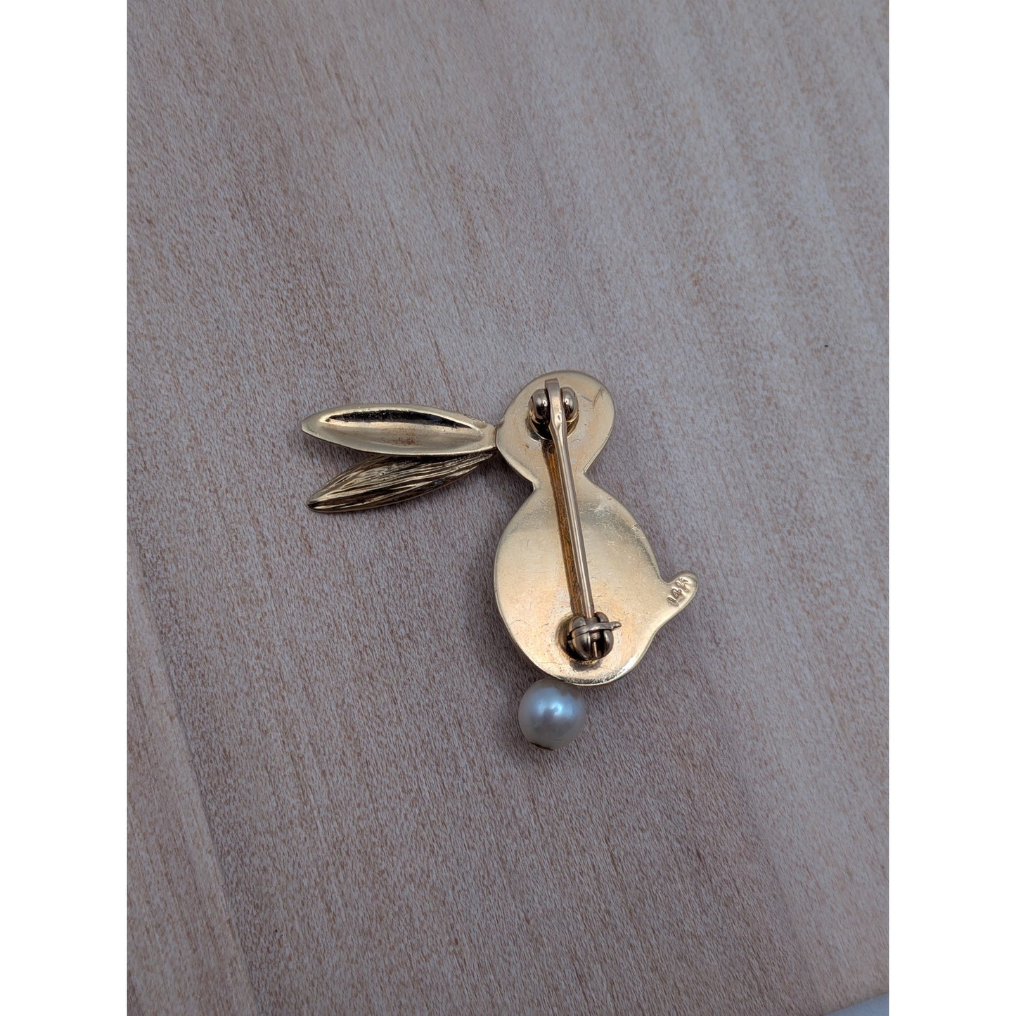 Vintage 14k Yellow Gold Rabbit Brooch with Pink Eye and Pearl