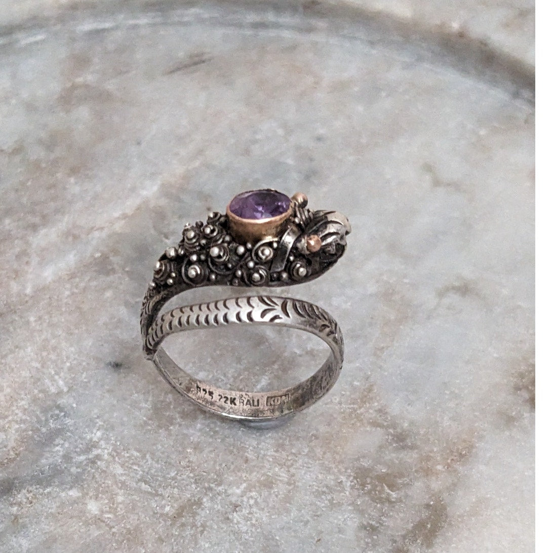 Vintage 925 Sterling Silver and 22k Gold Accent Dragon Amethyst Ring Size 6