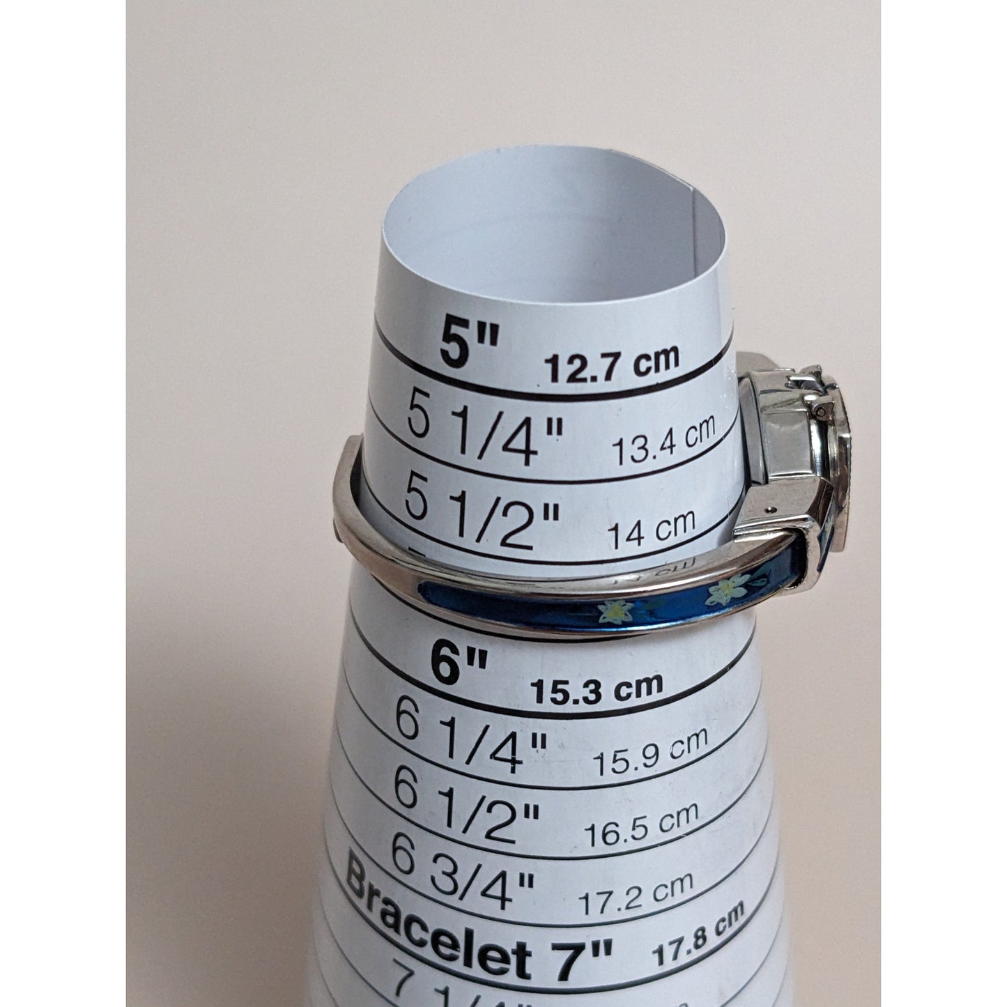 Vintage Andre Mouche Silver Tone Bangle Watch with Blue Floral Enamel Working