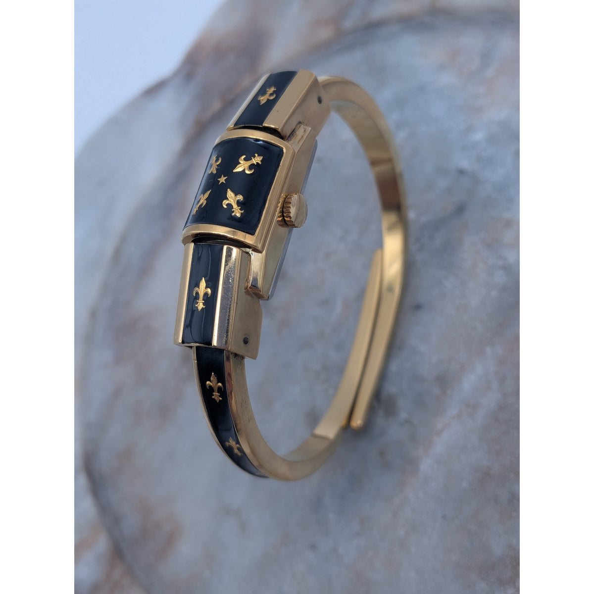 Vintage Chandler Gold Tone Peekaboo Watch Black Enamel Gold Fluer De Lis Accents