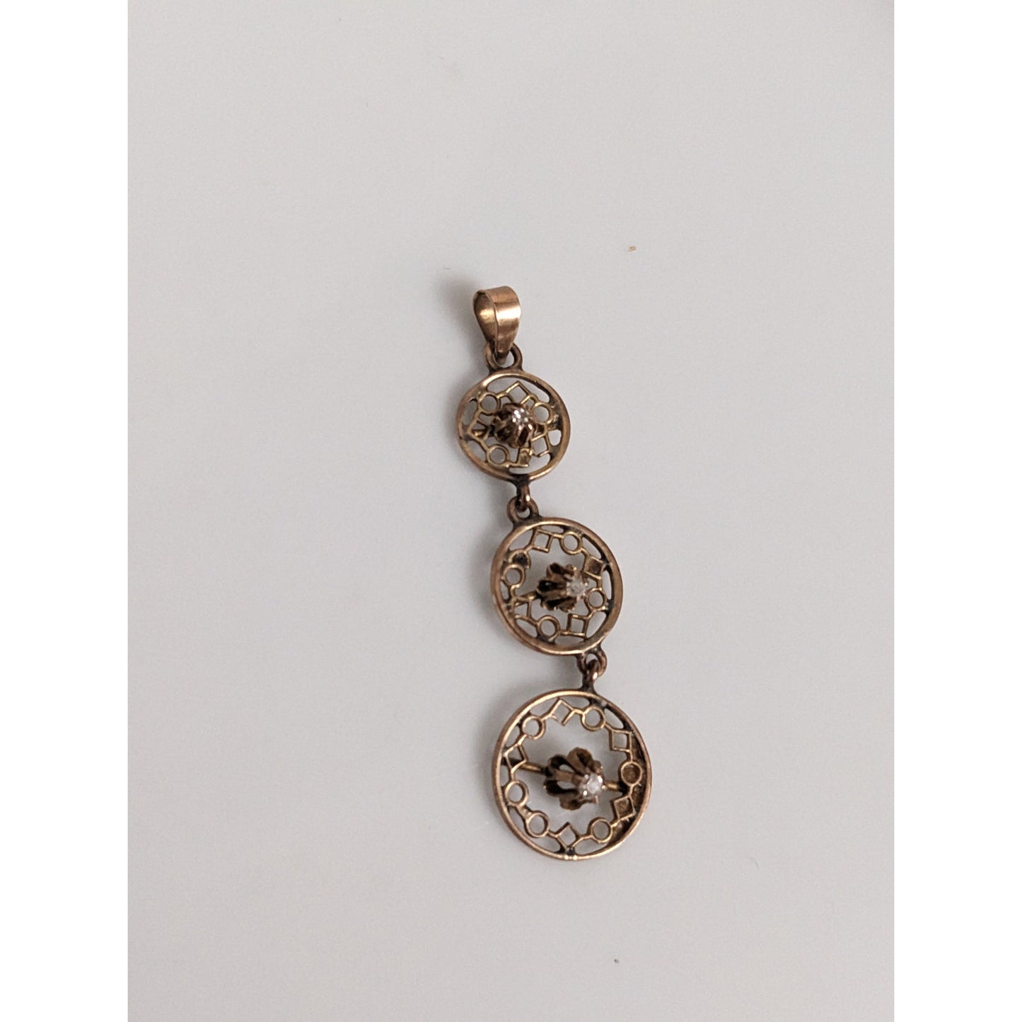 Antique 10k Gold Triple Drop Circular Filigree with Diamond Accent Pendant