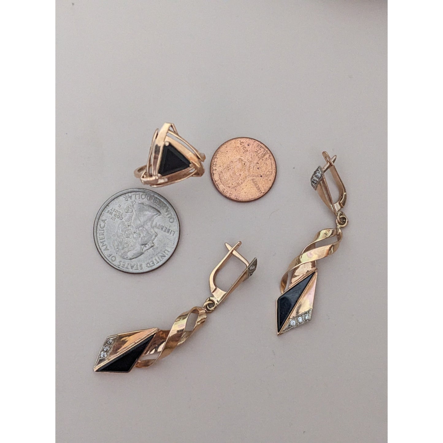 Vintage 1990s USSR 14k Gold Earring and Ring Size 7 Set Onyx and Diamonds